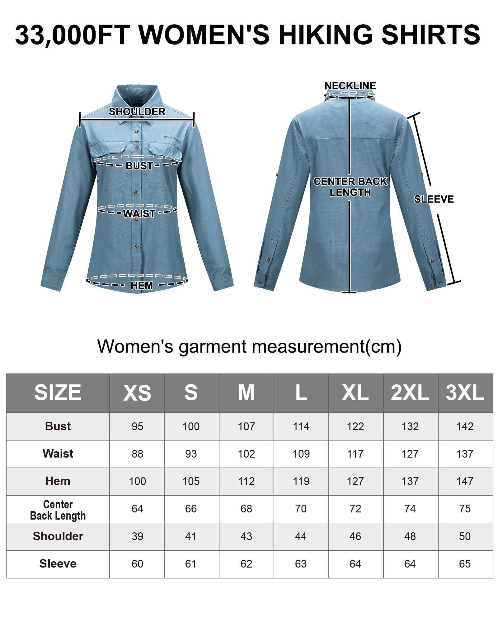 33,000ft Chemise pour femme - Protection UV UPF50+ - Séchage rapide - Manches longues - Pour la pêche, le safari, les voyages, le golf