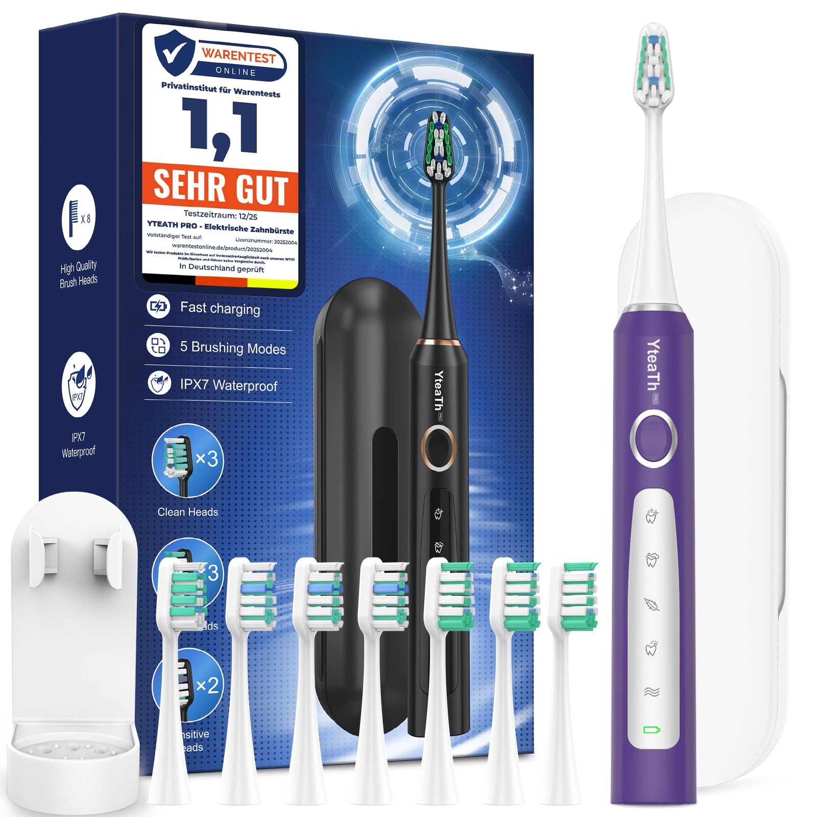 YTEATH PRO, Elektrische Zahnbürste für Erwachsene und Kinder - Schallzahnbürste, Electric Toothbrush mit 8 Bürstenköpfen, 90 Tagen Akkulaufzeit, 5-Modi, 50000VPM, Reiseetui, Timer, Violett/Weiß