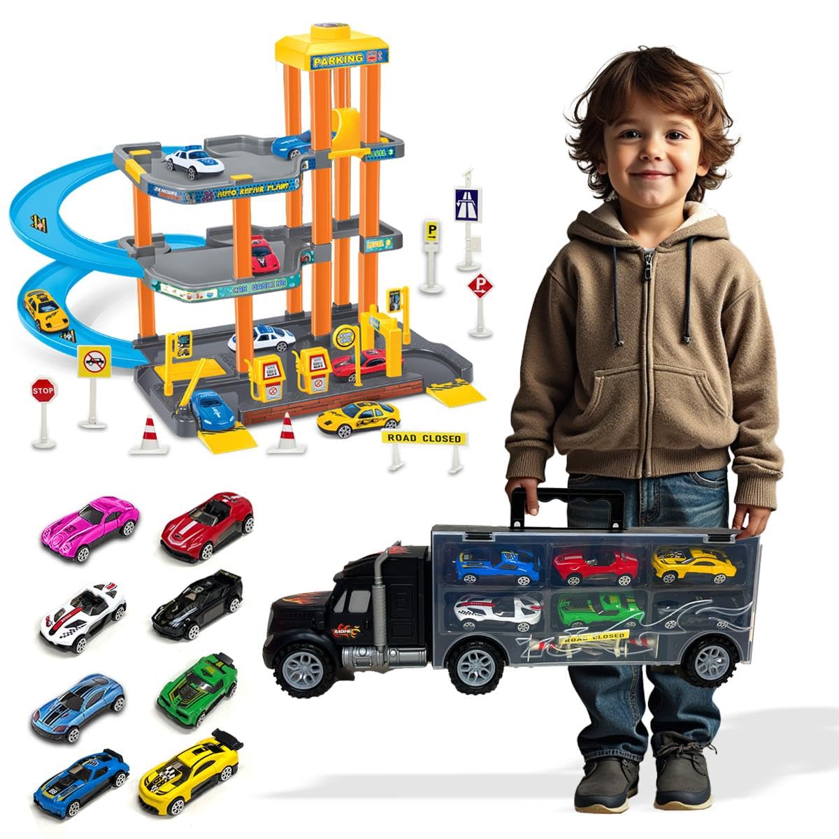 Xwin Sportseries Kids 4-Storey Car Parking Garage and Truck Storage Carrier Playset, Includes 10 Cars, Lift, Spiral Ramps, Service Station, and Traffic Signals Sign Playset for Children Age 3+