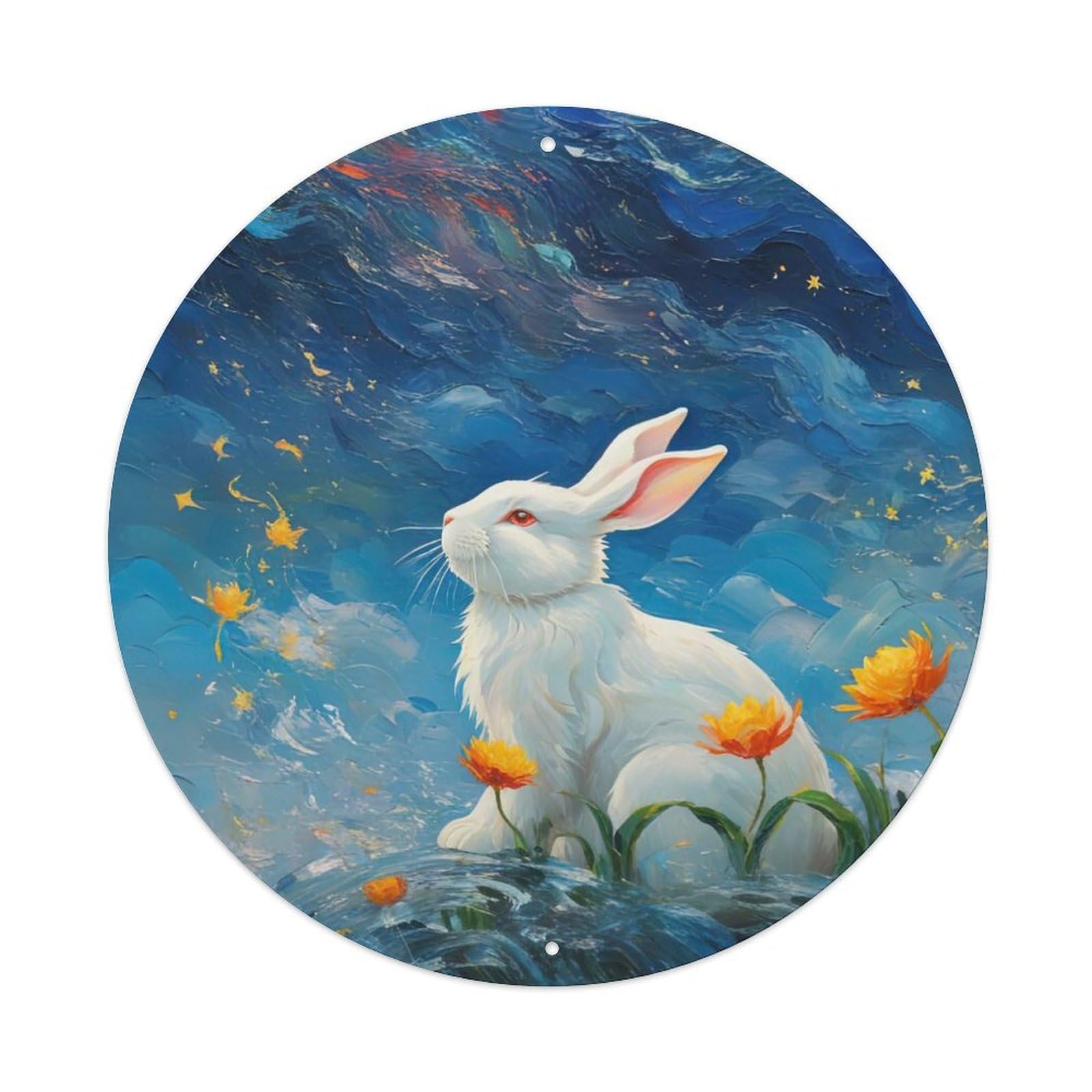 Animal Poster White Rabbit at Night Vintage Metal Tin Sign Plaque Wall Decor for Cafe, Club, Garden Round Metal Poster 8x8Inch