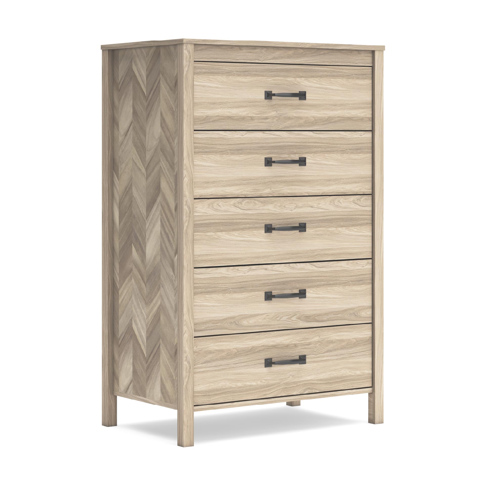 Signature Design by Ashley Battelle Mid-Century Modern 5 Drawer Wide Chest with Safety Stop for Bedroom, Light Brown