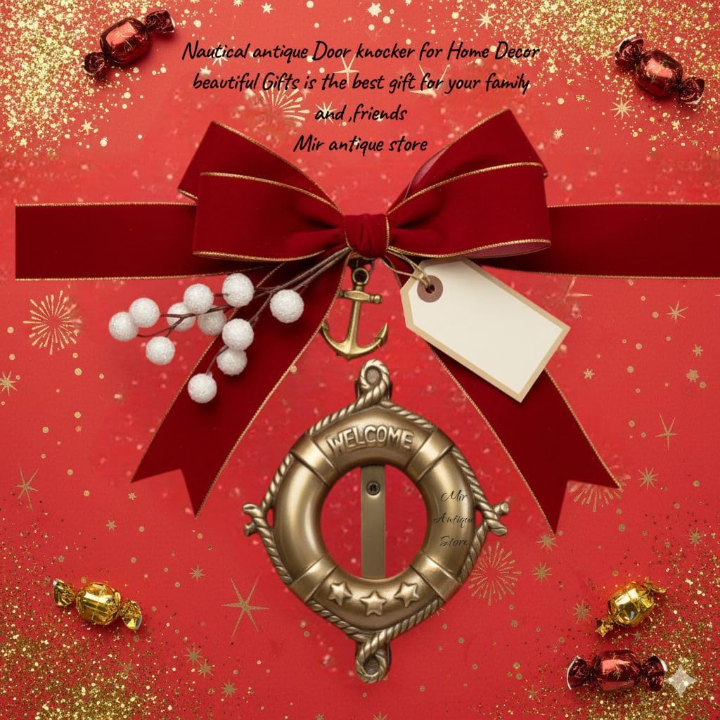 Antique Brass Door Knocker | Lifebuoy & Ship's Wheel Nautical Design | Vintage Marine Style Welcome Decor Hardware with Jute Gift Case