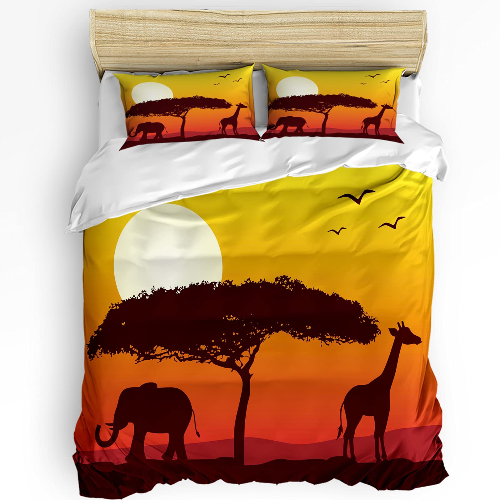 Quilt Set 3 Pieces Dusk Sundown Sunset Twilight Landscape Elephant Giraffe Tree Bird Soft Bedding Sets with Pillowcases (1 Quilt + 2 Pillowcases), Kids Women Men TTA11941
