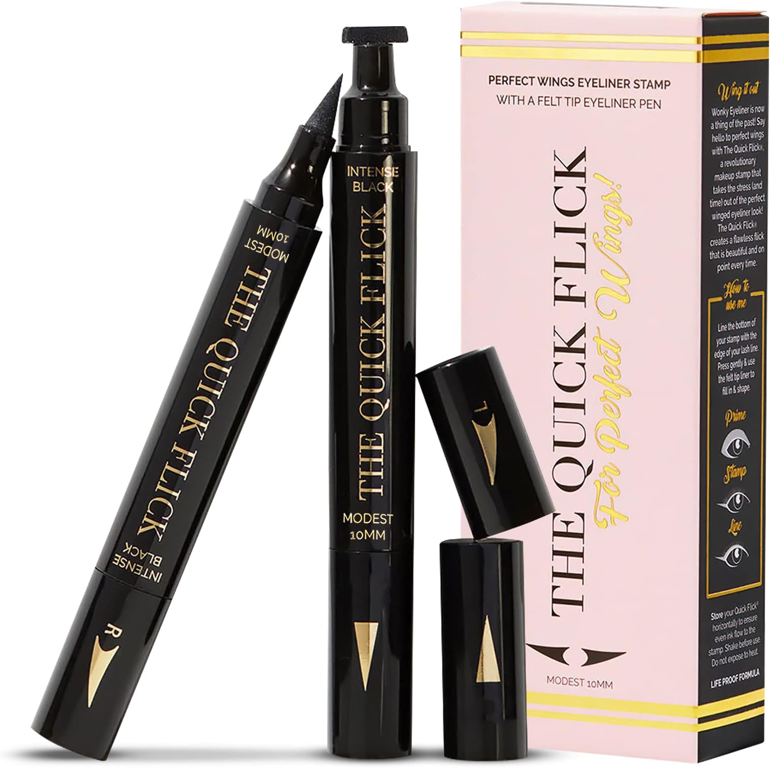 The Quick Flick - Wings Eyeliner Stamp, Felt-Tip Liquid Eyeliner, Water-and-Smudge-Proof Cat Eyeliner, Intense Black Liquid Eyeliner Pen, To The Point 10mm (2mm Thickest) Winged Eyeliner Stamp, 2 Pens