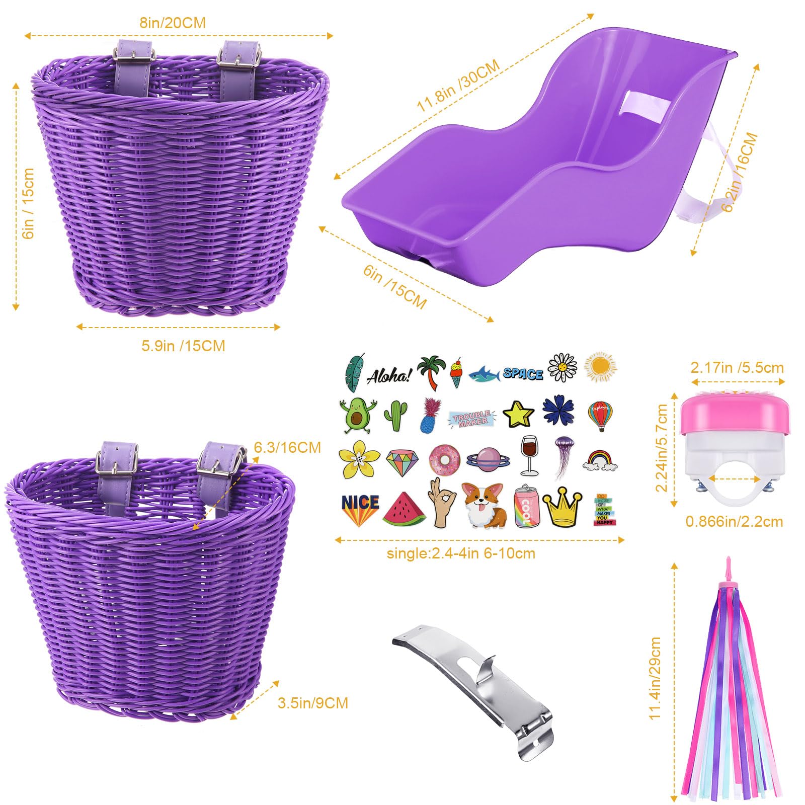 Asiento de bicicleta para muñeca con 30 calcomanías, cesta de bicicleta para niños, manillar de bicicleta, cintas coloridas, borla, margarita, campana de bicicleta para niñas, niños, 2