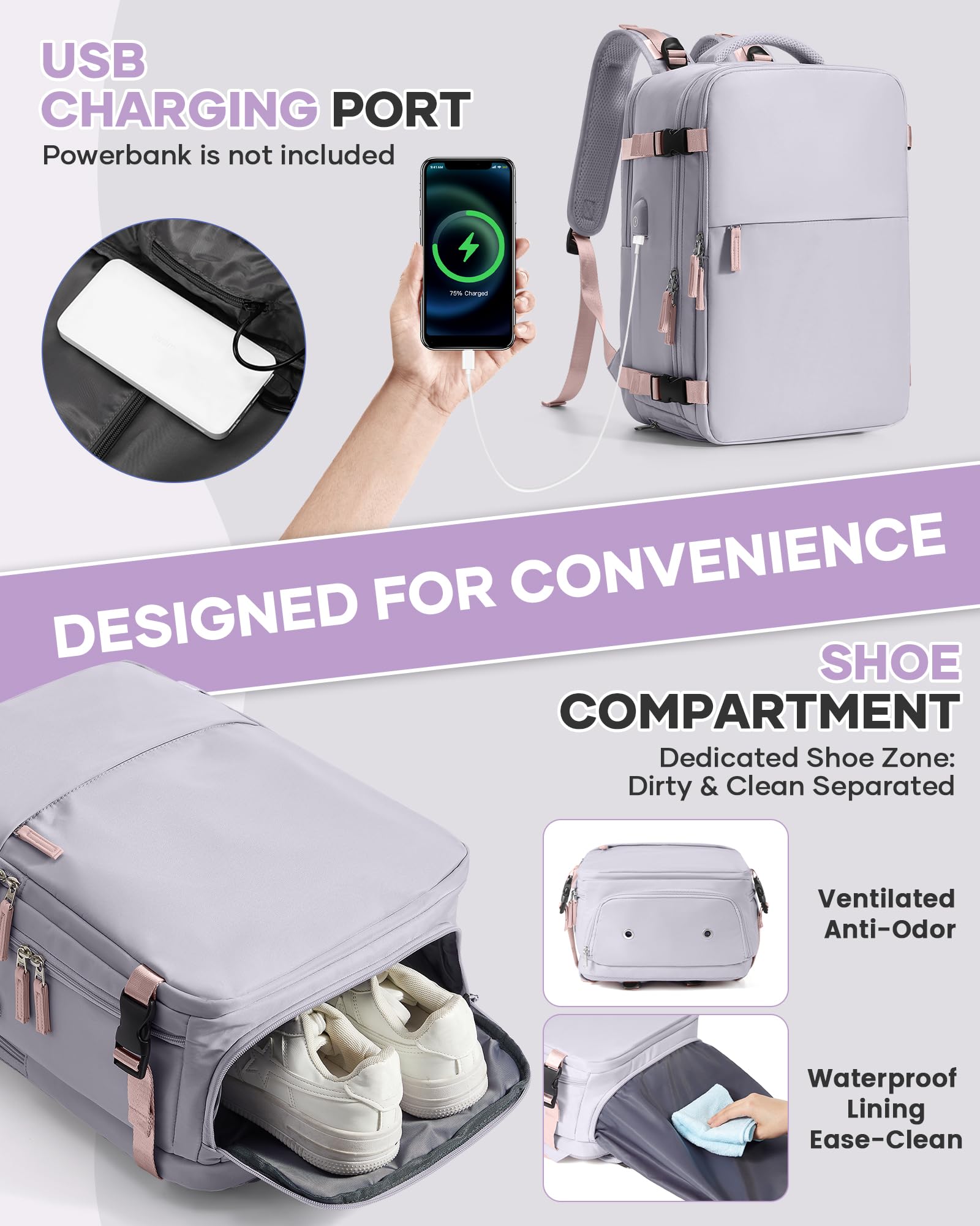 BJLFS Borse da Cabina per Ryanair 40x30x20 Bagaglio a mano Sottovuoto 40x20x25 Zaino da Viaggio con Sottovuoto impermeabile Donna Zaino Easyjet 45x36x20 Zaini Wizzair con porta scarpe