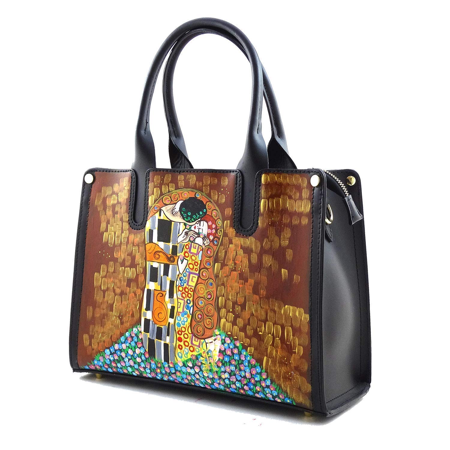 Arte Lisanti Borsa in Pelle Dipinta a Mano – IL BACIO DI GUSTAV KLIMT – a Mano, a Tracolla, Borsa Donna, Idea Regalo, Artigianato Italiano, Made In Italy, Vera Pelle, Tote Bag