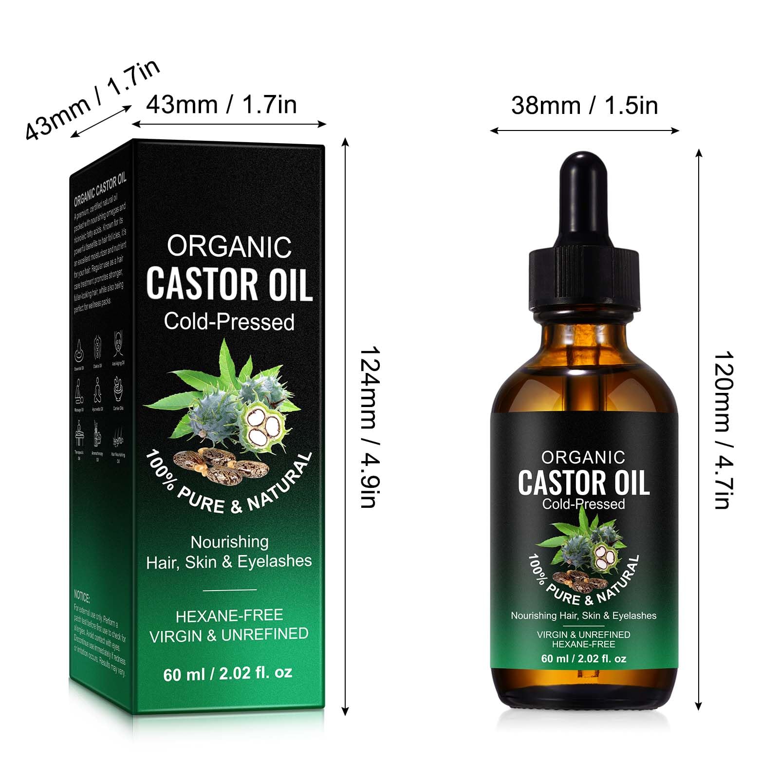 Bio olej rycynowy tłoczony na zimno – 100% czysty olejek zy | do włosów, rzęs, skóry i wellness | wegański, bez heksanu | 60 ml