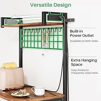 SNTD Bakers Rack with Power Outlet, Kitchen Shelves Microwave Stand with Wire Grid and 10 Hooks, 4 Tiers Coffee Stand (Rustic Brown, 23.5 x 15.6 x 52.8 Inches)