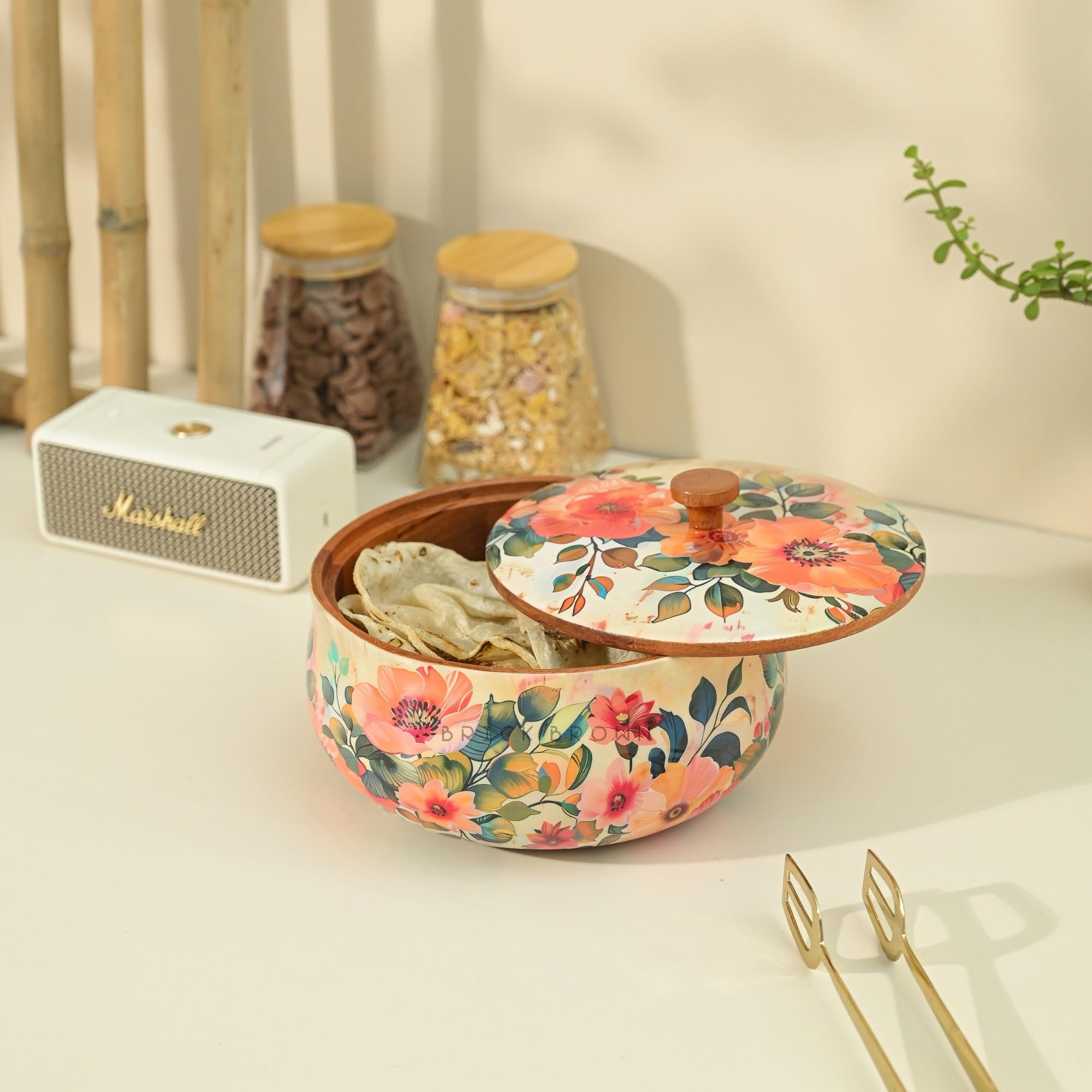 Brick Brown Handcrafted Enamel Coated Wooden Pastel Flora Roti Box | Chapati Box for Kitchen | Hot Pot Casserole for Server Tableware Serving | Case Dabba With Lid (8.5 8.5 5.5 Inch)