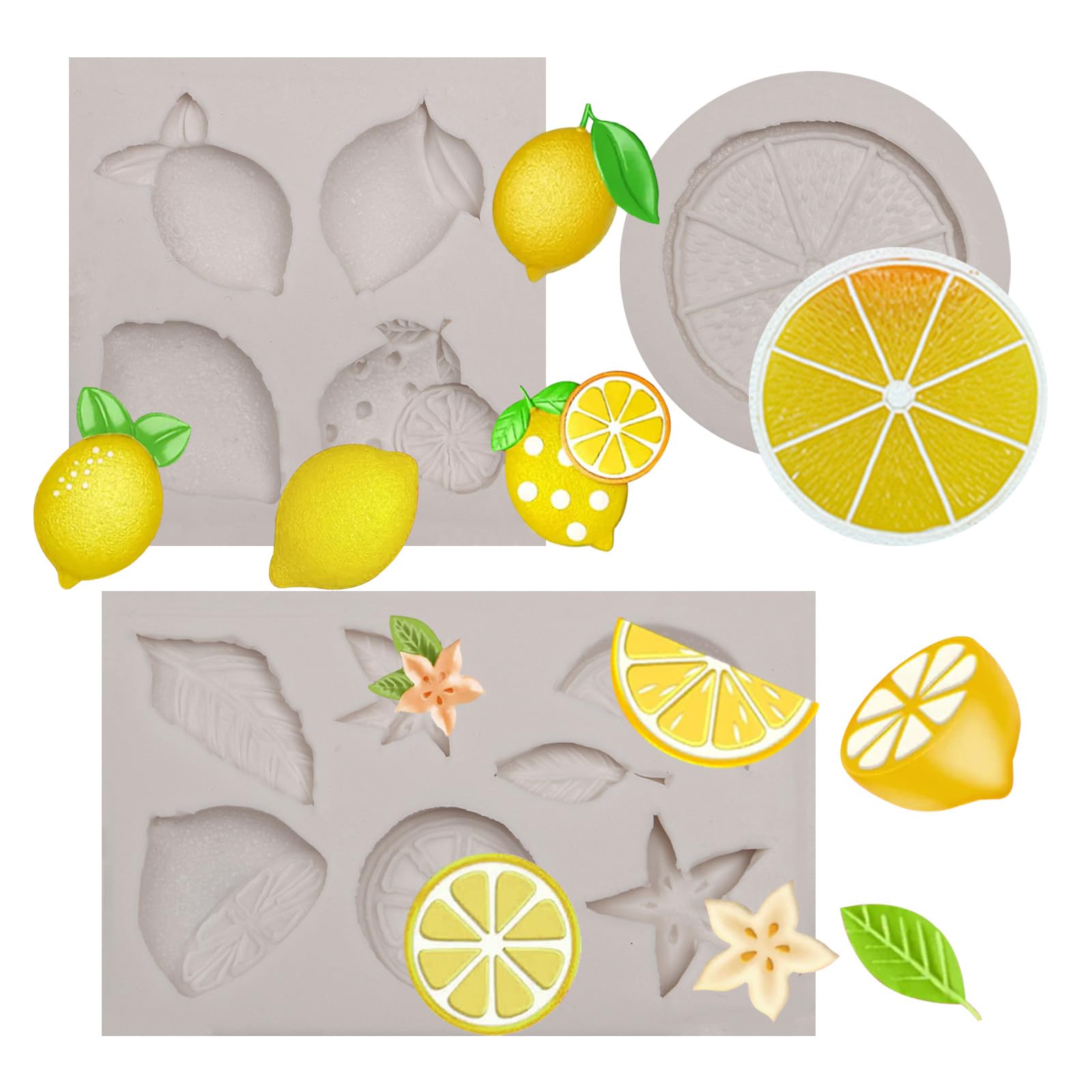 3-teilige Zitronen-Fondant-Formen, Zitronenscheiben, Blattfrüchte, Schokoladenformen, Sommerfrüchte, Zitronenstücke, Silikonformen für Zuckerkuchen, Dekoration, Cupcake-Topper, Süßigkeiten, Harz