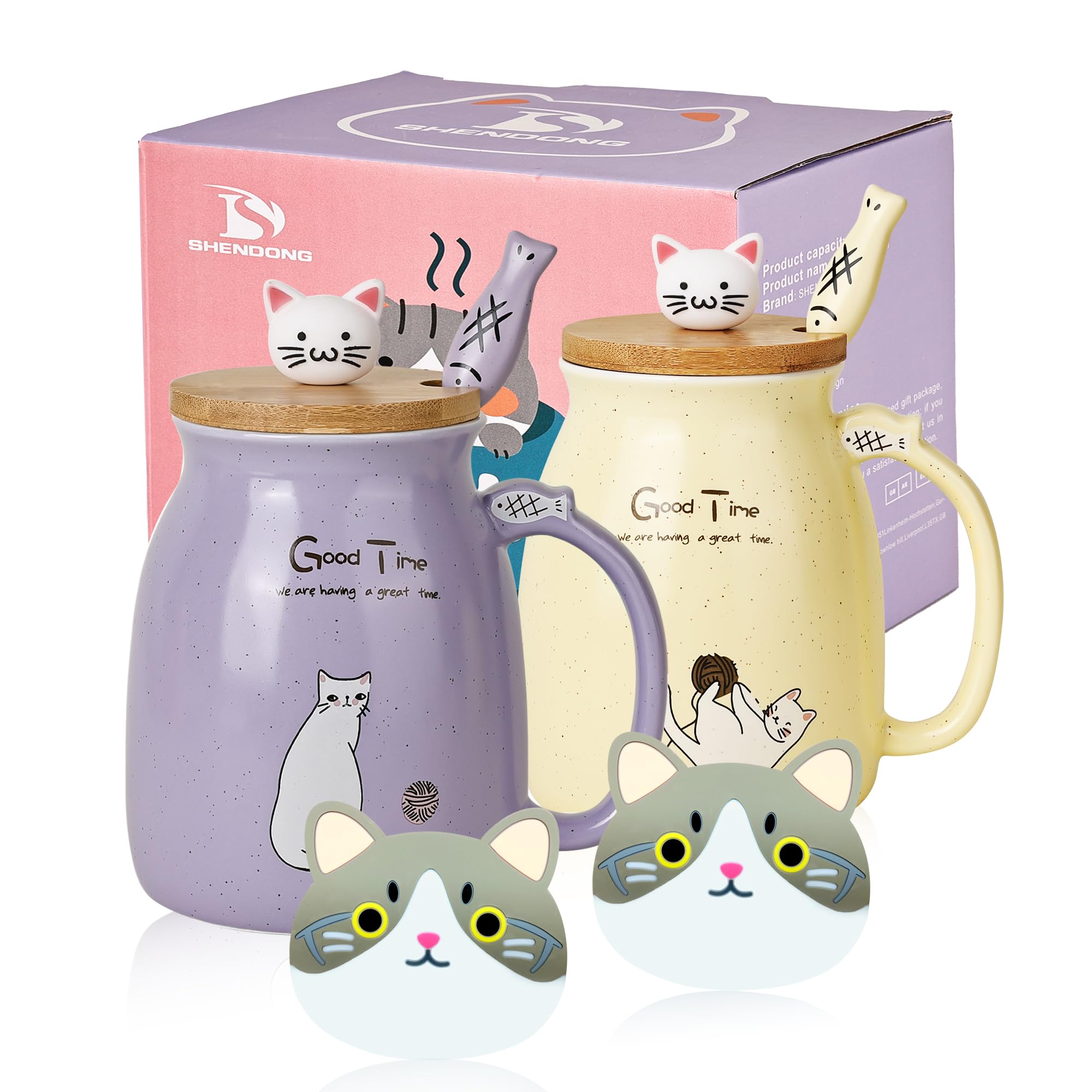 Sponsored Ad – SHENDONG 2 Pack Cute Ceramic Coffee Cups Set of 2 with Kawaii Bamboo Lid and Spoon Novelty Morning Cup Coffee Milk Tea Mugs - 3D Animal Cat Mugs for Cat Lovers Women Gifts (Purple and Yellow)