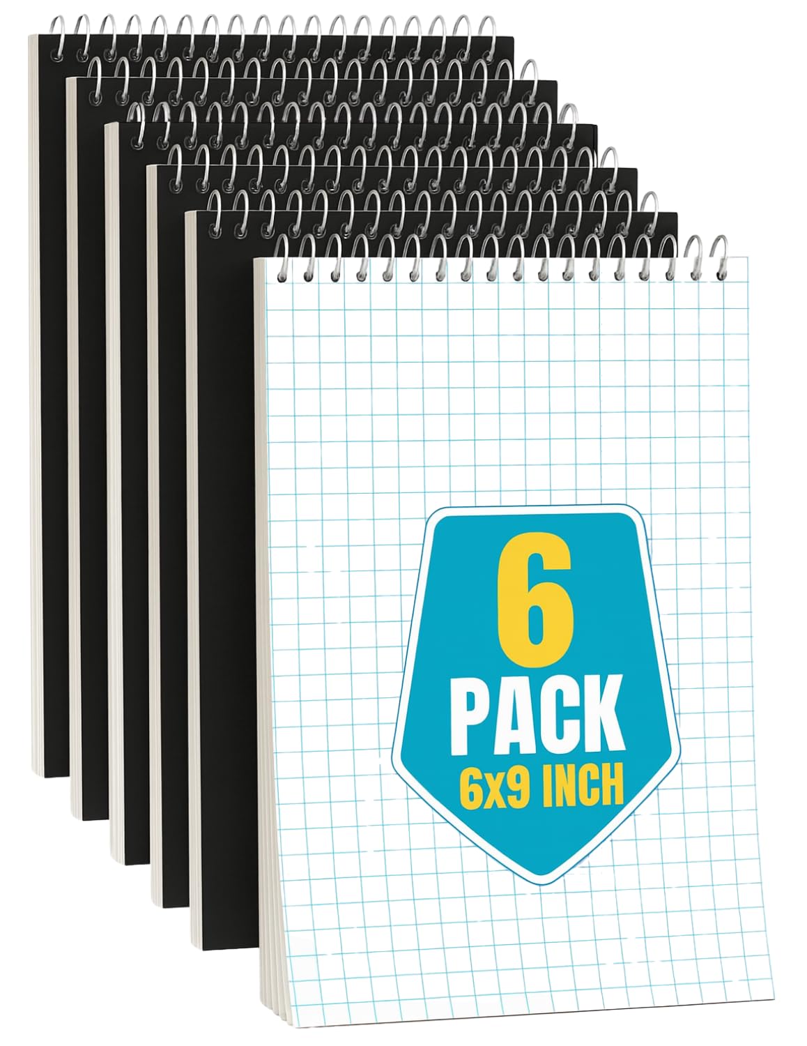 1InTheOffice Steno Pads Spiral 6x9 Quad Ruled, Graphing Paper Notebook Spiral, Top Bound, Graph Ruled, White, 80 Sheets, (6 Pads/Pack)