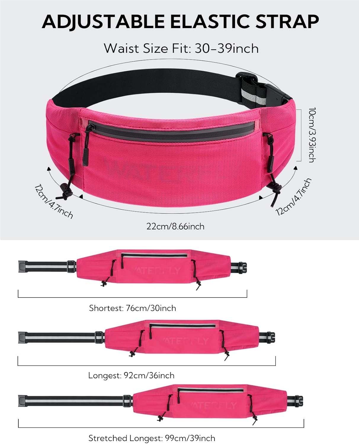 WATERFLY Running Belt Fanny Pack: Breathable 3 Pocket Waist Bag for Men Women Workout Exercise Fitness Phone Holder Fits All Phones - Runner Marathon Jogging Race Belt with Bib Clip Pink - Image 4