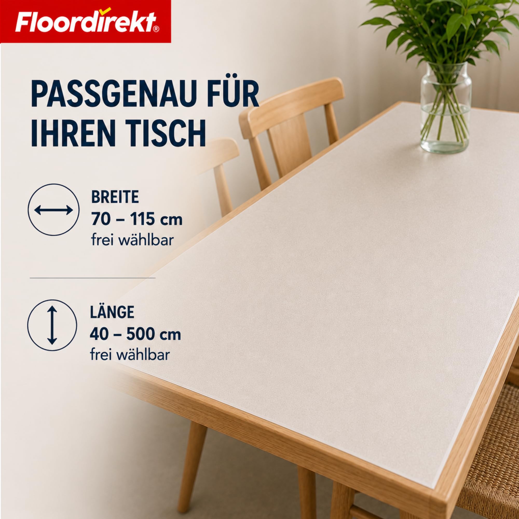 Floordirekt Tischfolie mit Schräger Kante - Neo Milky – Milchweißer Tischschutz nach Maß – Polypropylen (PP), Schräge Kante – Schutz vor Kratzern & Feuchtigkeit – Größe: 90x160 cm