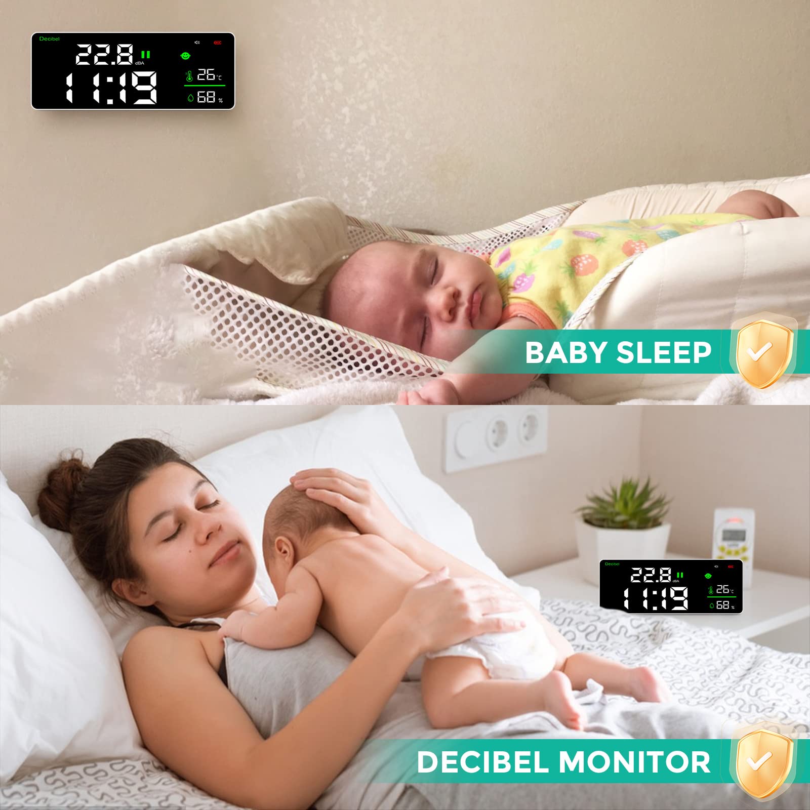 Fonometro da Appendere alla Parete, Ampio Display LCD 30-130db, Misuratore di Decibel di Umidità della Temperatura con Allarme, Monitoraggio del Rumore per Aula di Fabbrica Studio Domestico
