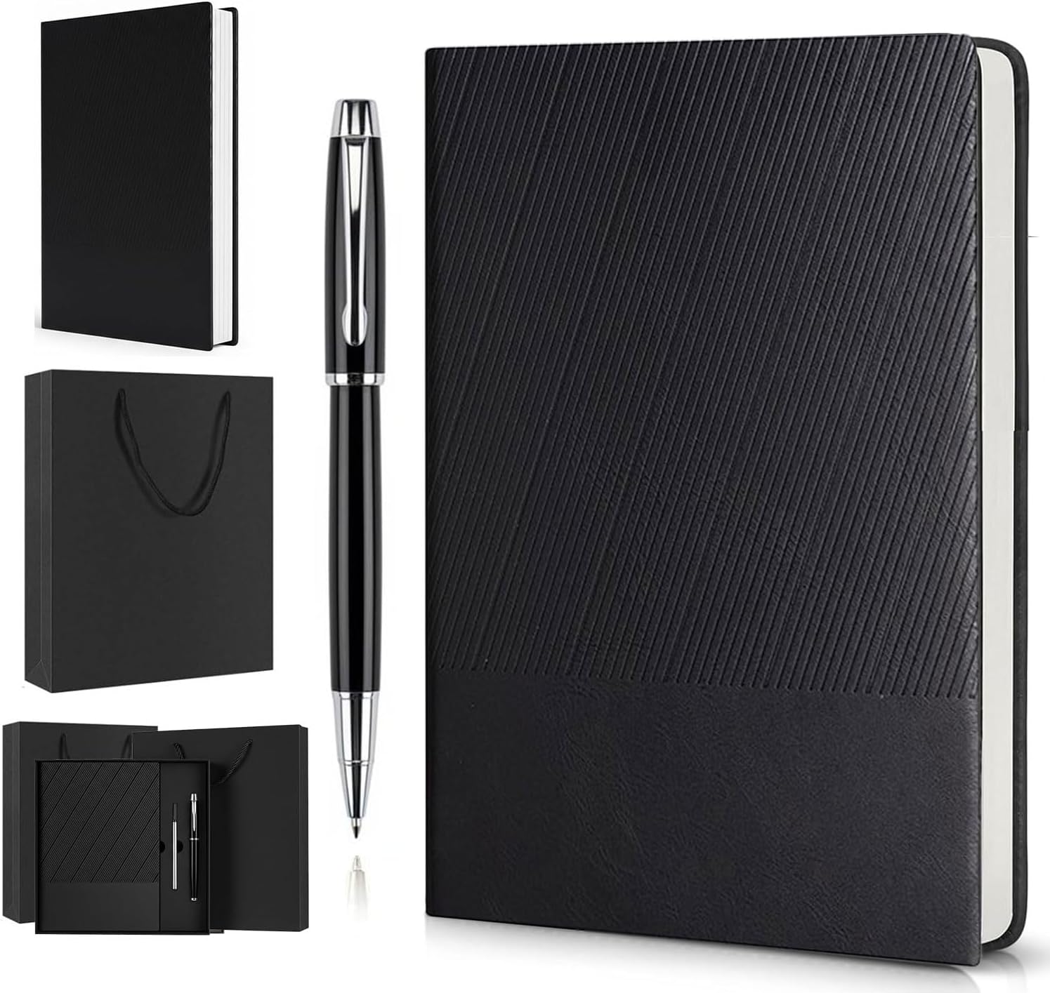 A5 Lined Leather Journal Notebook, Hardcover Journal Set with Pen and Gift Box,100Pages 100gsm Thick Ruled Paper Daily Diary for Student School, Travel, Business, Work, Writing 5.9"x8.4" (Black)