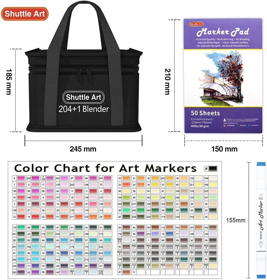 Shuttle Art 205 Colors Dual Tip Alcohol Art Markers, 204 Colors Permanent Marker Plus 1 Blender 1 Marker Pad 1 Case and Color Chart for Kids Adult Artist Drawing Coloring Books Sketching Card Making : Arts, Crafts & Sewing