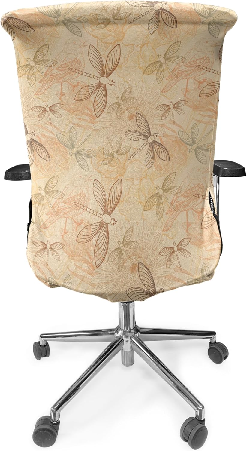 Ambesonne Vintage Office Chair Cover, Birds and Dragonflies with Modern Linear Style Animal Inspired Design, Stretchable Decorative Universal Size High Back Printed Slipcover, Yellow Orange