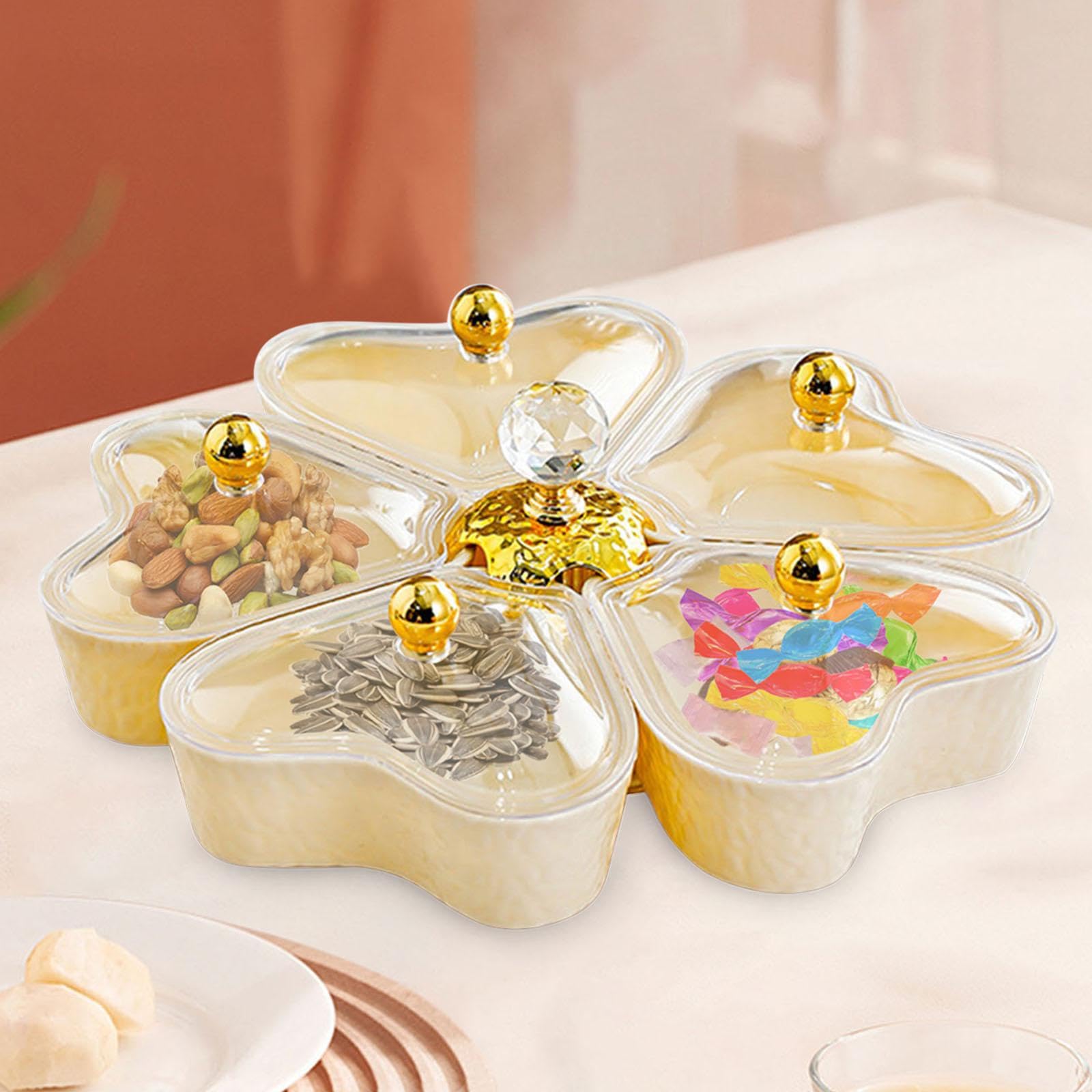 Plato de Servir Dividido, Plato Giratorio para Aperitivos, Bol para Servir Aperitivos, Bandeja para Aperitivos con 5 Compartimentos para Dulces, Choco, con Tapa Transparente, Individual