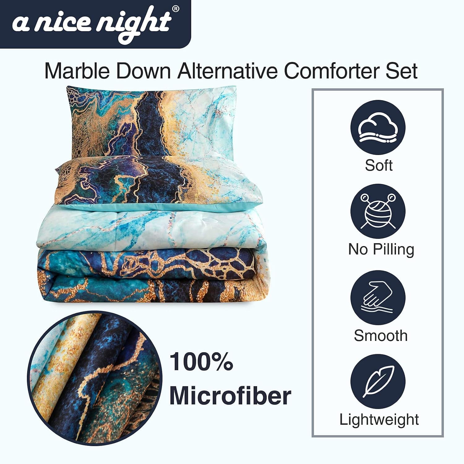 A Nice Night Marble Like Burning Mountain Printed Bedding Set,Retro Style Watercolor Artwork Design,Ultra Soft Comforter Set (Blue, Queen(88-by-88-inches))