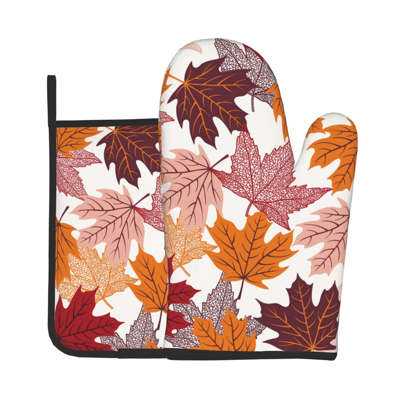 Fall Leaf Oven Mitts and Pot Holders Sets Autumn Maple Leaves Oven Mitts Heat Resistant Thanksgiving Harvest Farmhouse Kitchen Gloves Hot Pads Two Piece Set for Cooking Baking Grilling BBQ