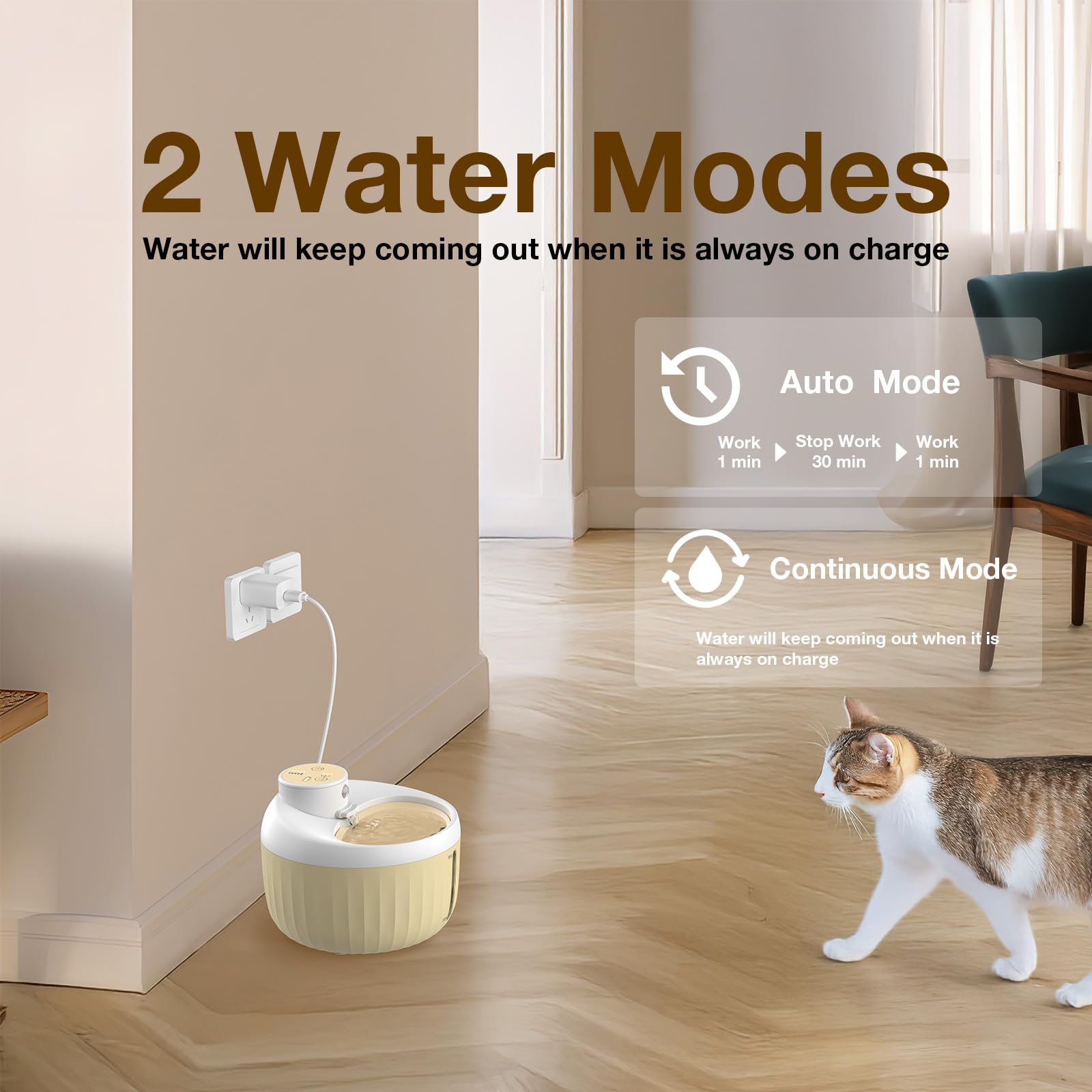 Jewyow 1,6L Fontana per gatti, 2200mAh Fontana per Gatti Senza Fili, Fontana per Gatti Senza Fili con 3 Modalità, Pompa Silenziosa, Avvisi di Promemoria Intelligenti