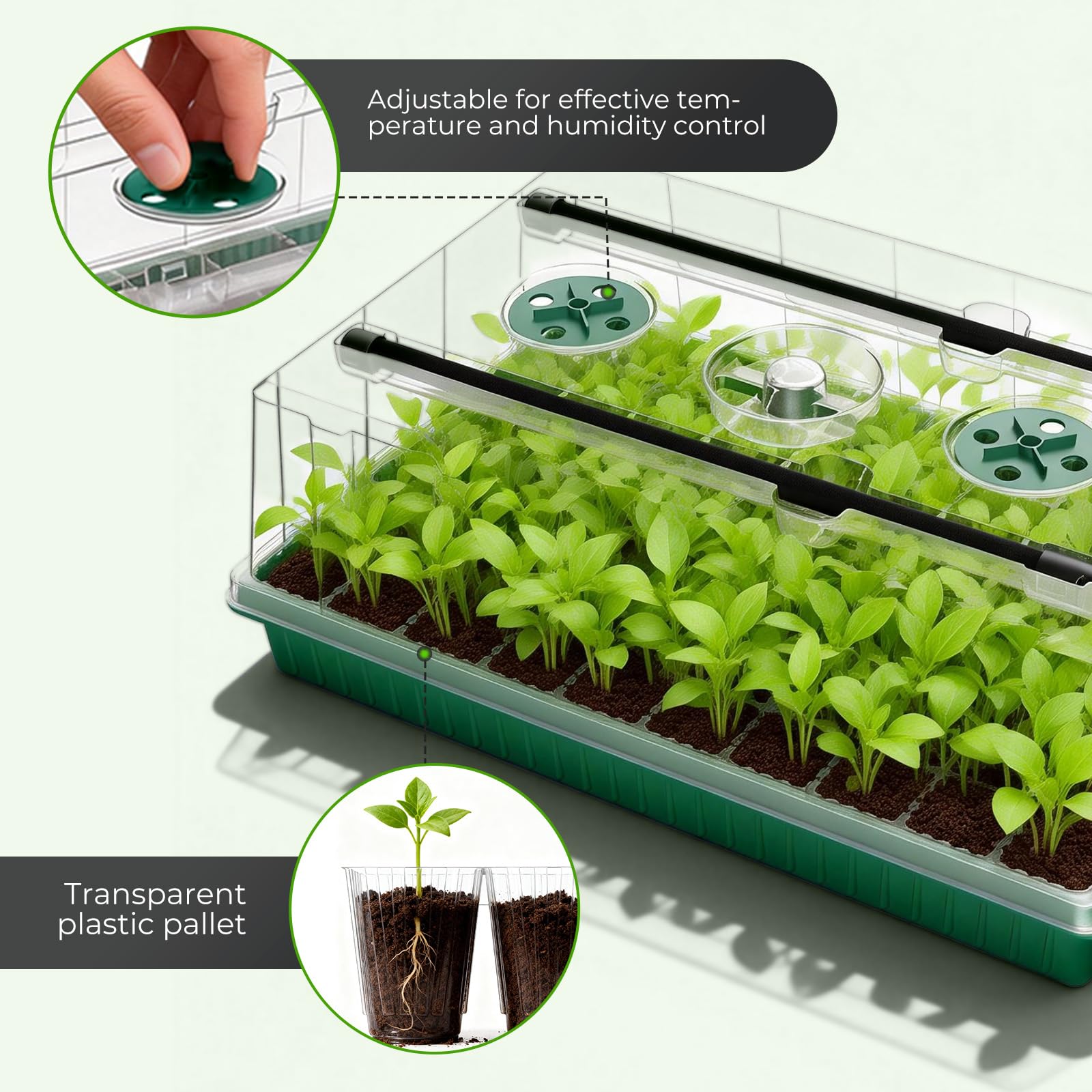 Vassoio per sementi con luce crescente, confezione da 2 pezzi, kit per piantine con cupola umida, kit di germinazione dei semi per piantare semi (120 celle)