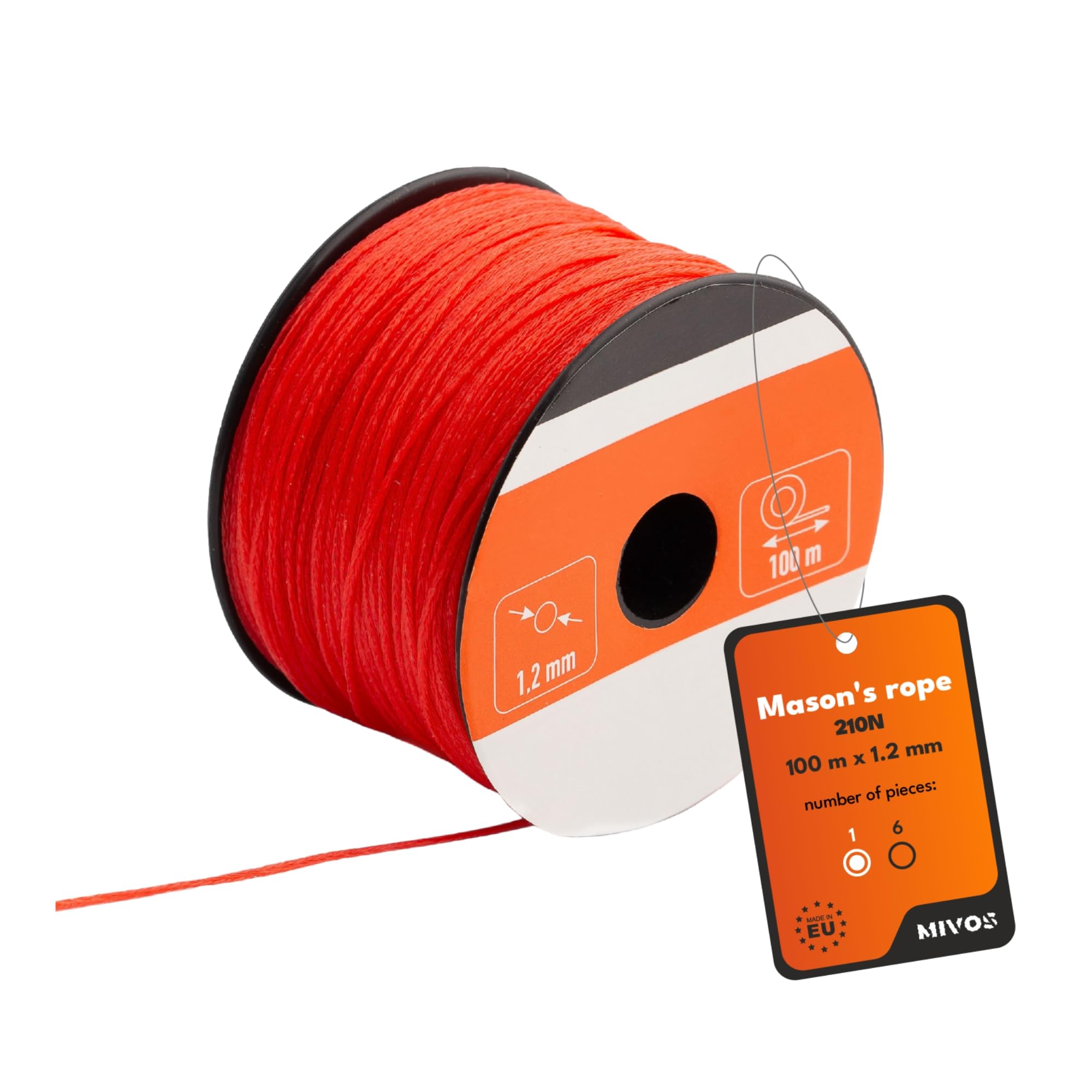 MIVOS Cuerda de Albañilería 100m - Plomada Roja 1,2mm - Para Construcción y Yeso - Duradera y Resistente - 210N