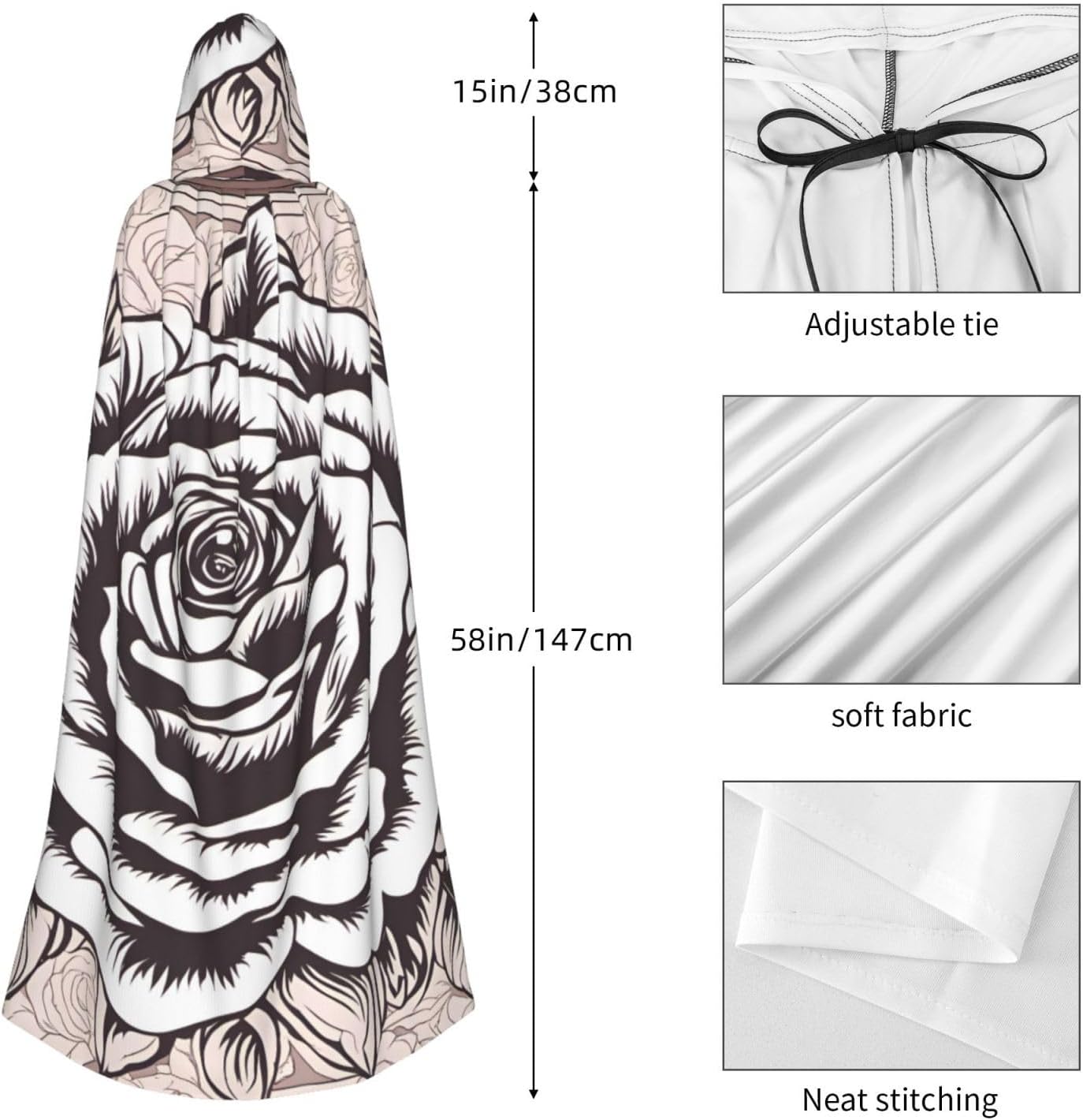 Unisex Full Length Hooded Halloween Christmas Party Robe Cloak Cape Cosplay Costume Men Women Many Lovely Roses Prints