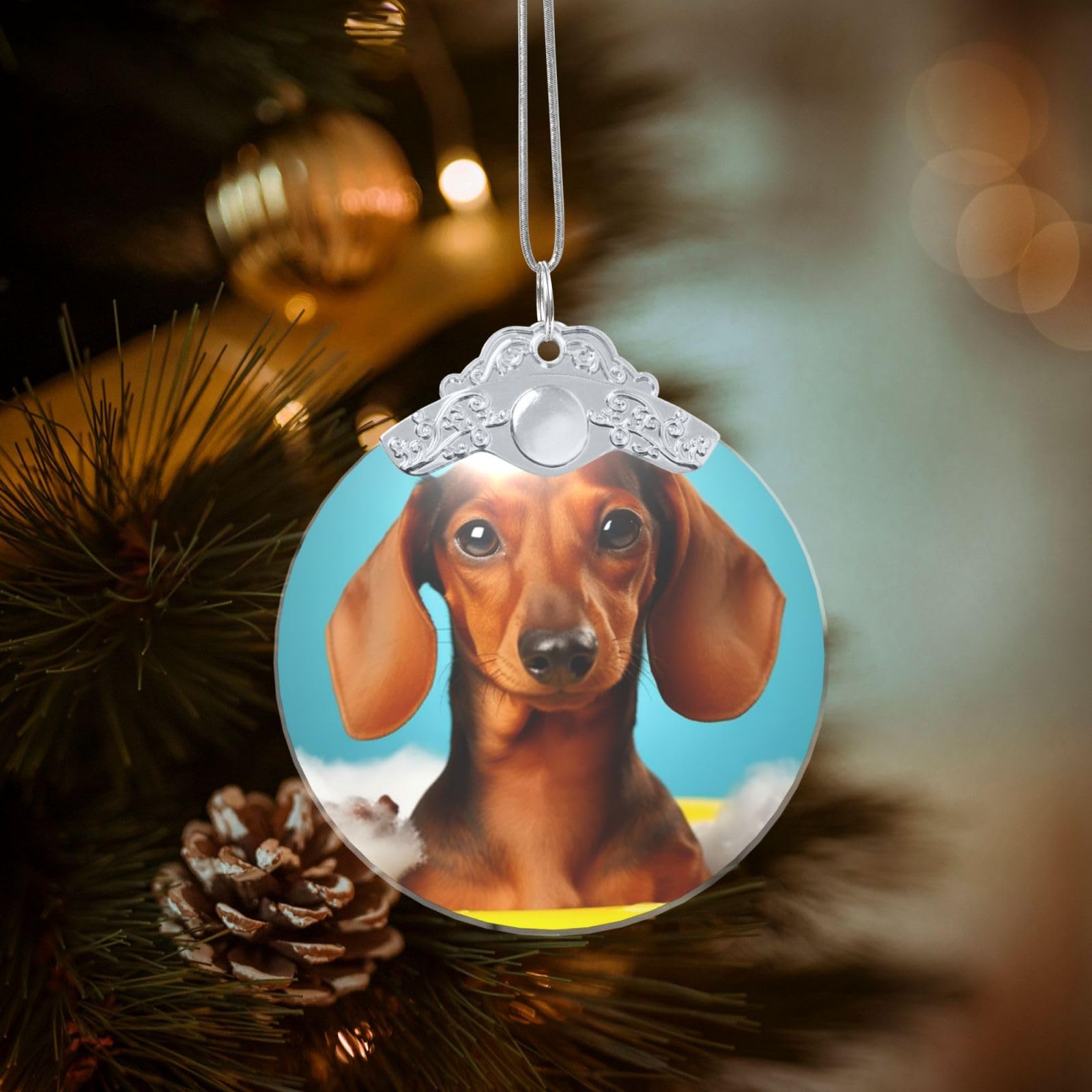 Crystal Christmas Ornaments for Christmas Tree Decoration Hanging Dachshund Dog Ornament with Gold Ribbon Crafts Round Pendant for Keepsake Gifts Glass Xmas Decor Party Supplies