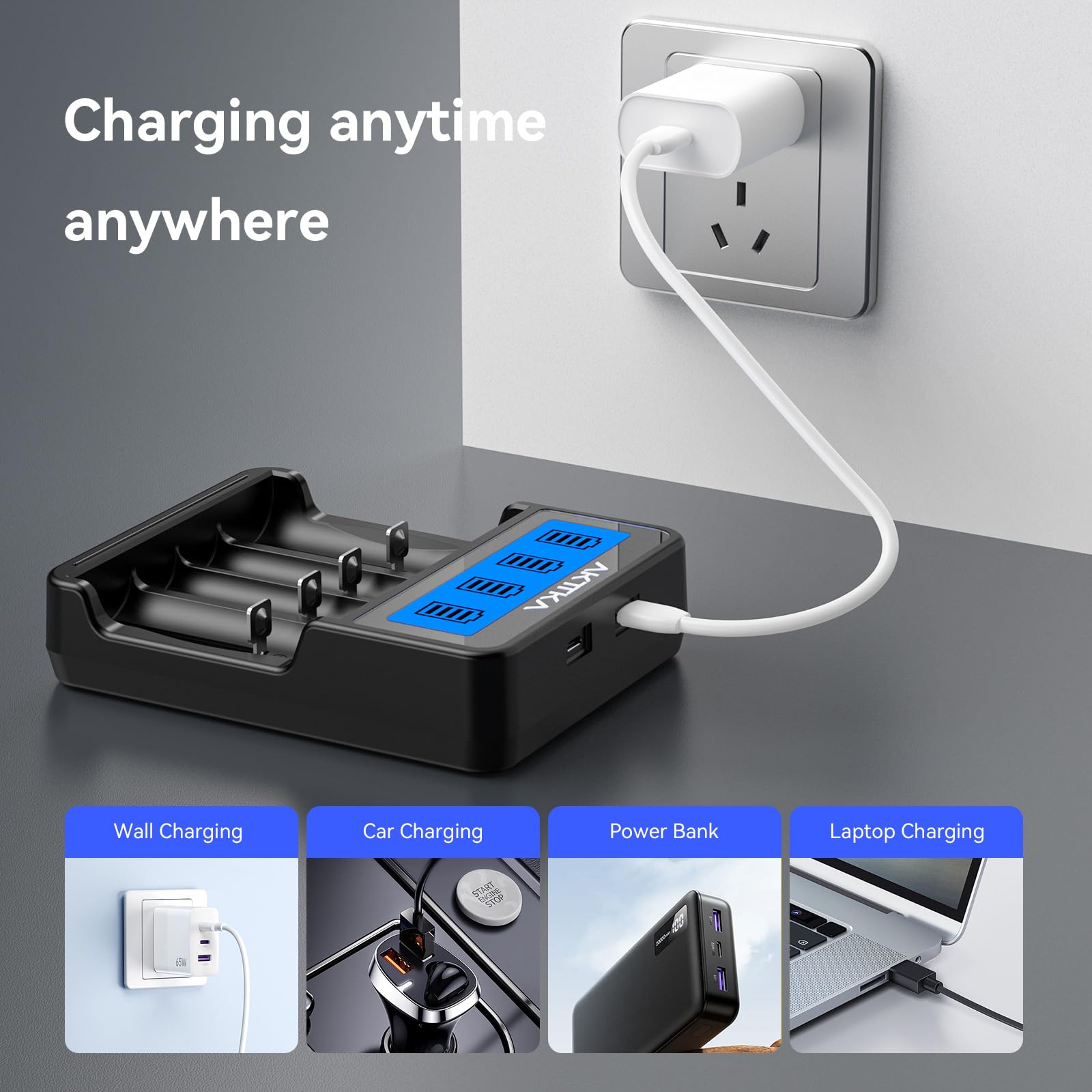 AKTTKA Cargador de Baterías 18650 Inteligente de 4 Bahías Indicador LCD Entrada Type-C/Micro-USB Compatible con Baterías Li-Ion de 3,7V (18650/21700) y Baterías NiMH de 1,2V (AA/AAA/C) Recargables — view 4