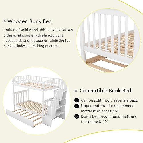 Miniatura 25 de Merax Litera de escalera individual sobre matrimonial con nido, escalera de almacenamiento y barandilla de longitud completa, litera de