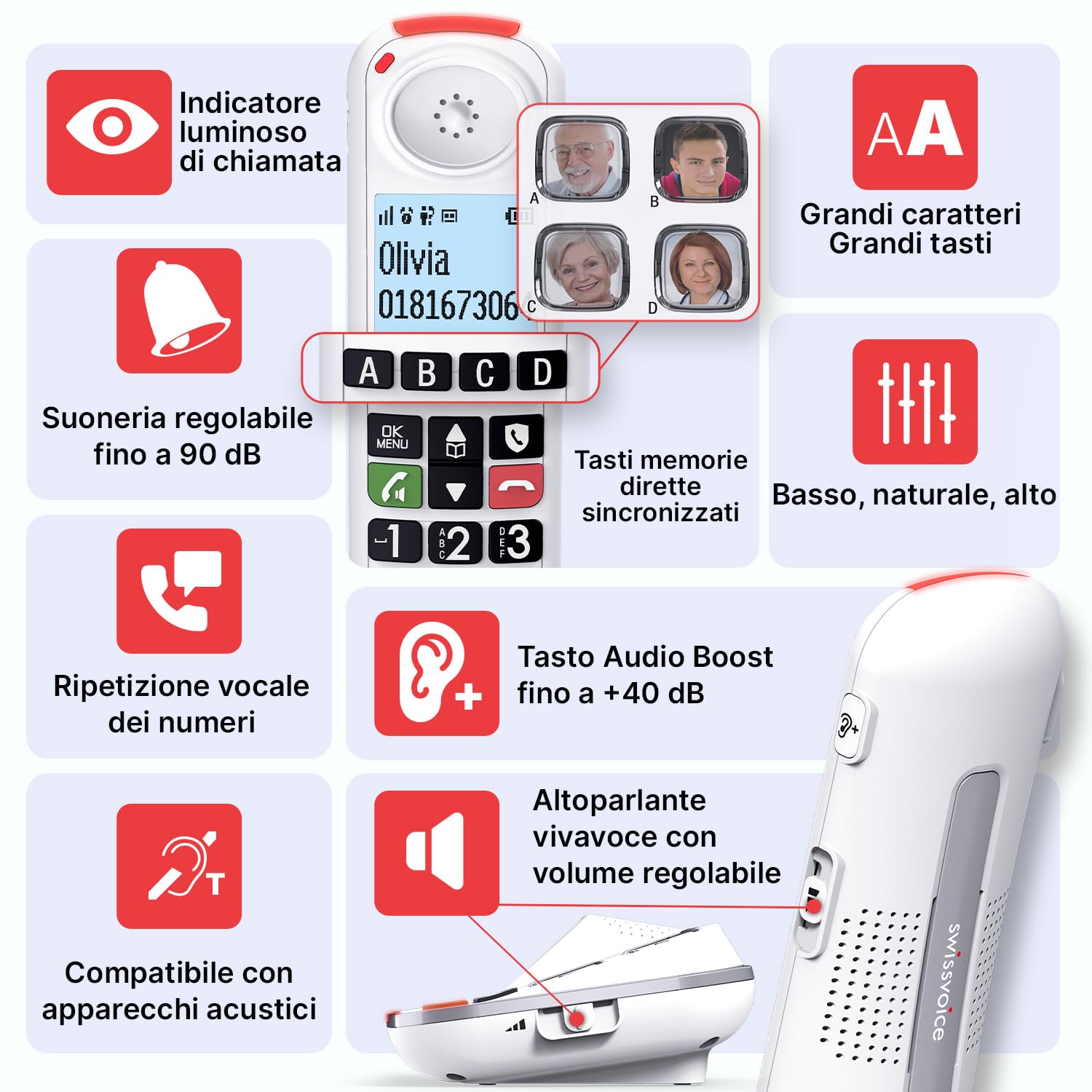 SWISSVOICE - Xtra 2355 - DECT - Telefono fisso cordless per anziani con segreteria - Tasti grandi - Audio Boost - Suonerie forti - Compatibile con apparecchi acustici - Blocco chiamate