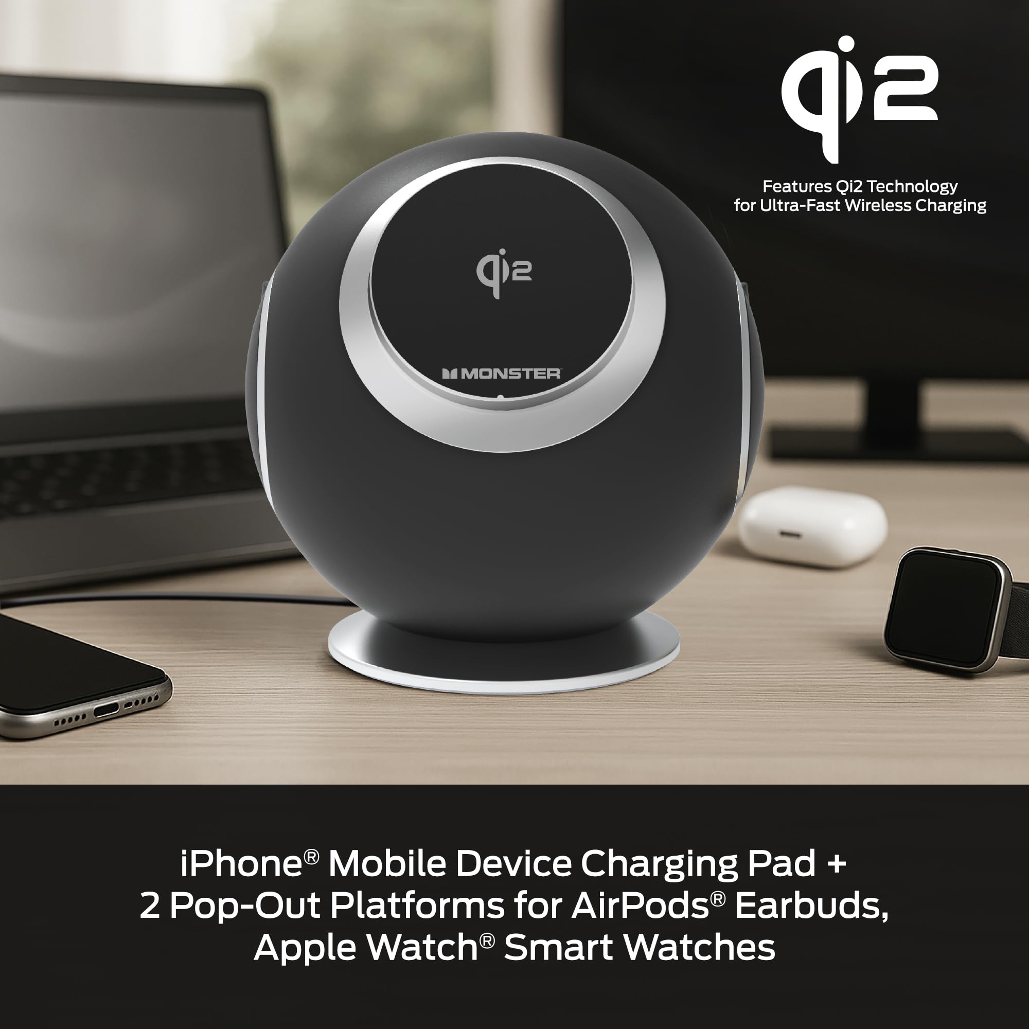 Monster Estación de carga 10 en 1, incluye 3 salidas de CA, 2 puertos USB-A, 2 puertos USB-C PD (65 W máximo), 3 cargadores inalámbricos compatibles con teléfonos compatibles con Qi (15 W), Apple