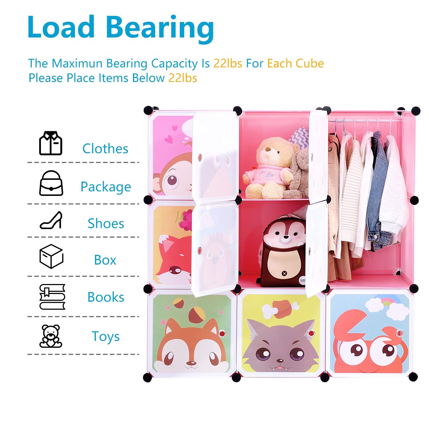 BRIAN & DANY Meuble Rangement Enfant avec Motifs d'animaux, Support de Rangement, Armoires Etagères Plastiques, Armoire de Rangement Bricolage (Rose, 110 x 47 x 110 cm)