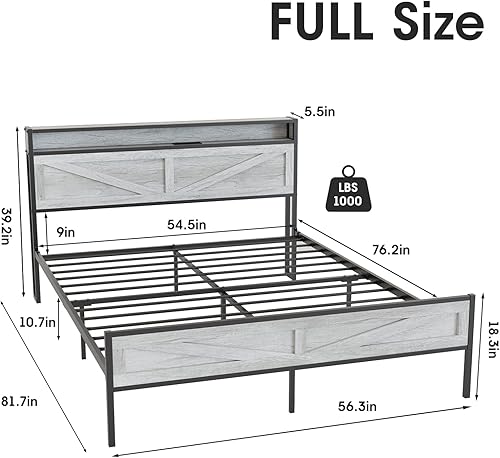 Miniatura 2 de Base de cama de tamaño matrimonial con estación de carga, plataforma de metal con cabecero y luz LED, cama de almacenamiento de granja para