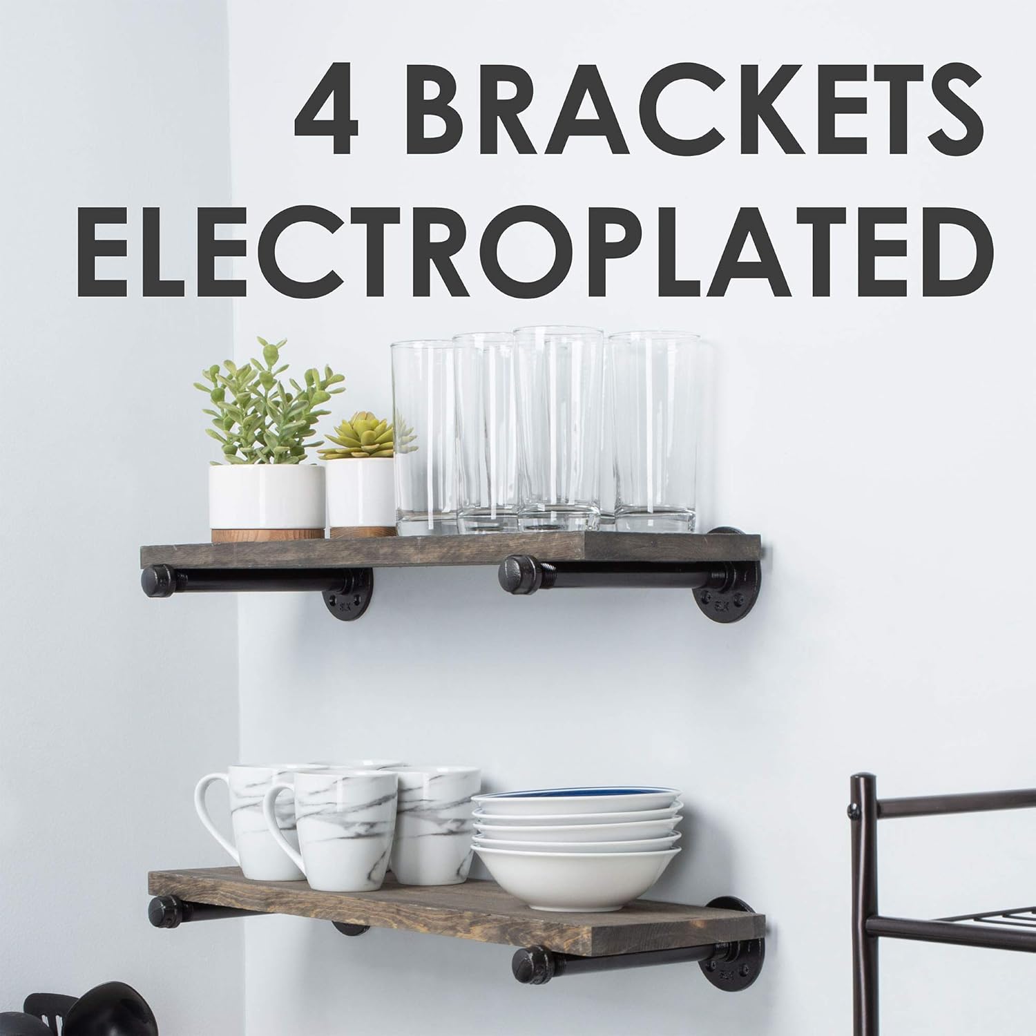 Electroplated Industrial Pipe Brackets by Pipe DÉCOR Set of 4 Industrial Steel Black Shelf Brackets for Hanging Shelves Wall Mounted Bracket Pre-Sealed & Ready to Use Real Durable Metal (8 Inch)