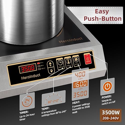 Miniatura 3 de Estufa de inducción portátil 208-240V 3500W Gama comercial Quemador de encimera Módulos IGBT duales 8 Nivel de Calefacción Temporizador Sensor