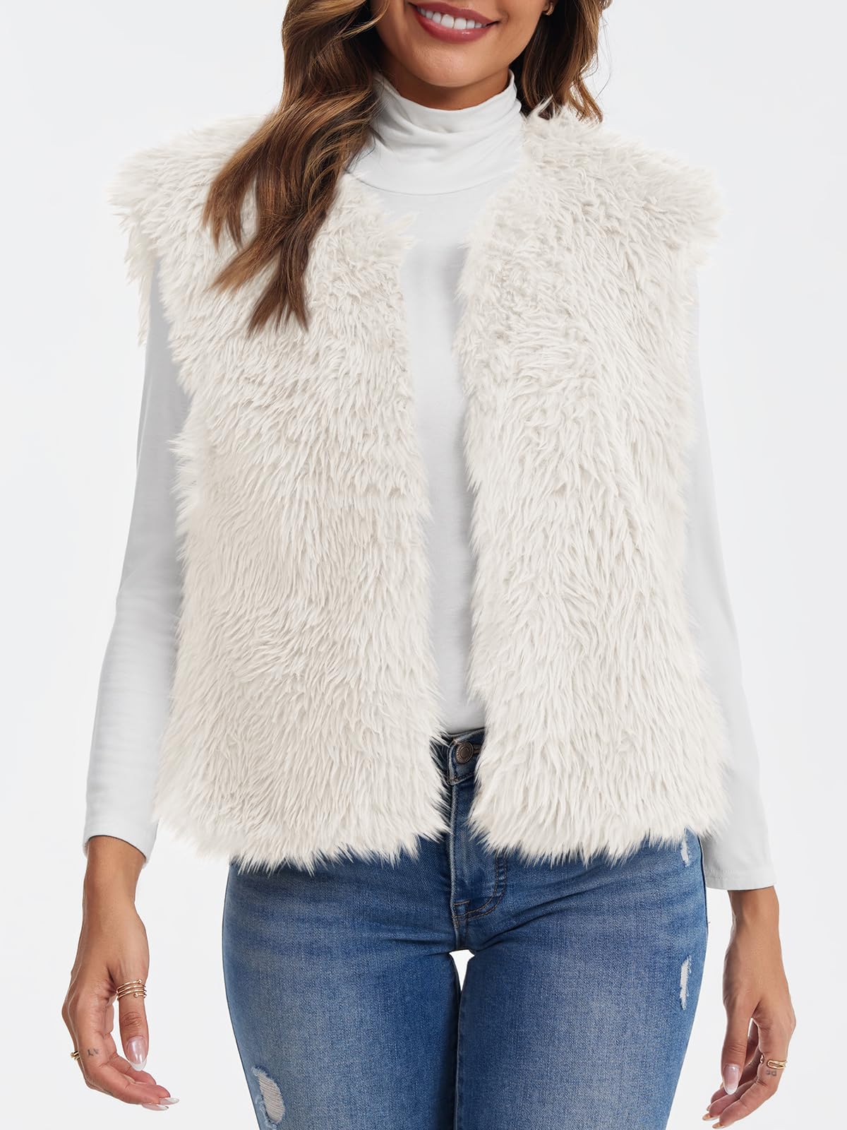 Tankaneo Gilet da donna in pelliccia sintetica corto senza maniche caldo inverno shaggy aperto davanti