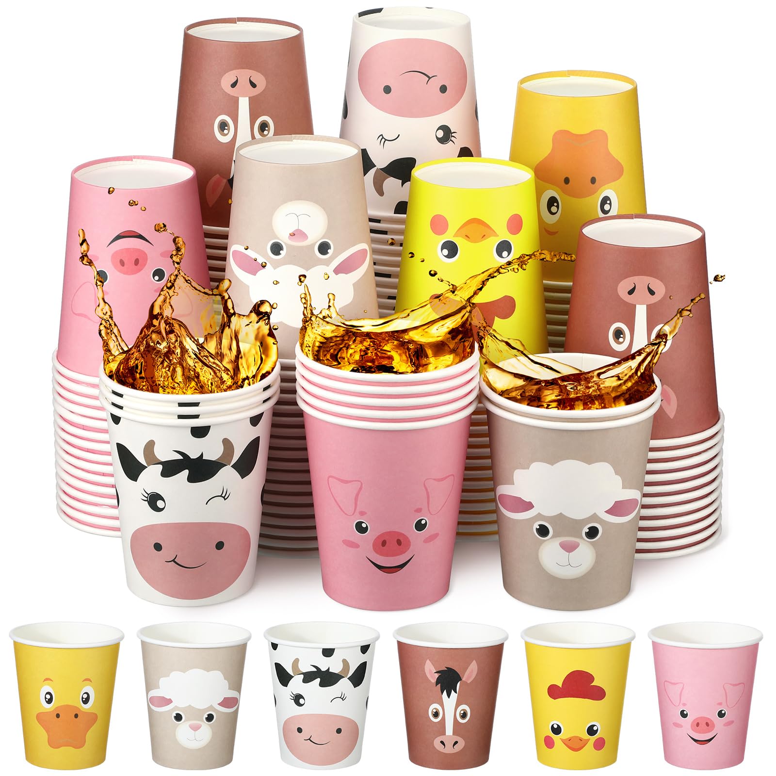 Maxcheck Confezione da 120 bicchieri di carta usa e getta da 255 ml, motivo: animali della fattoria, carini, maiali, pecore, pollo, anatra, cavallo, mucca, per bambini, feste di compleanno,