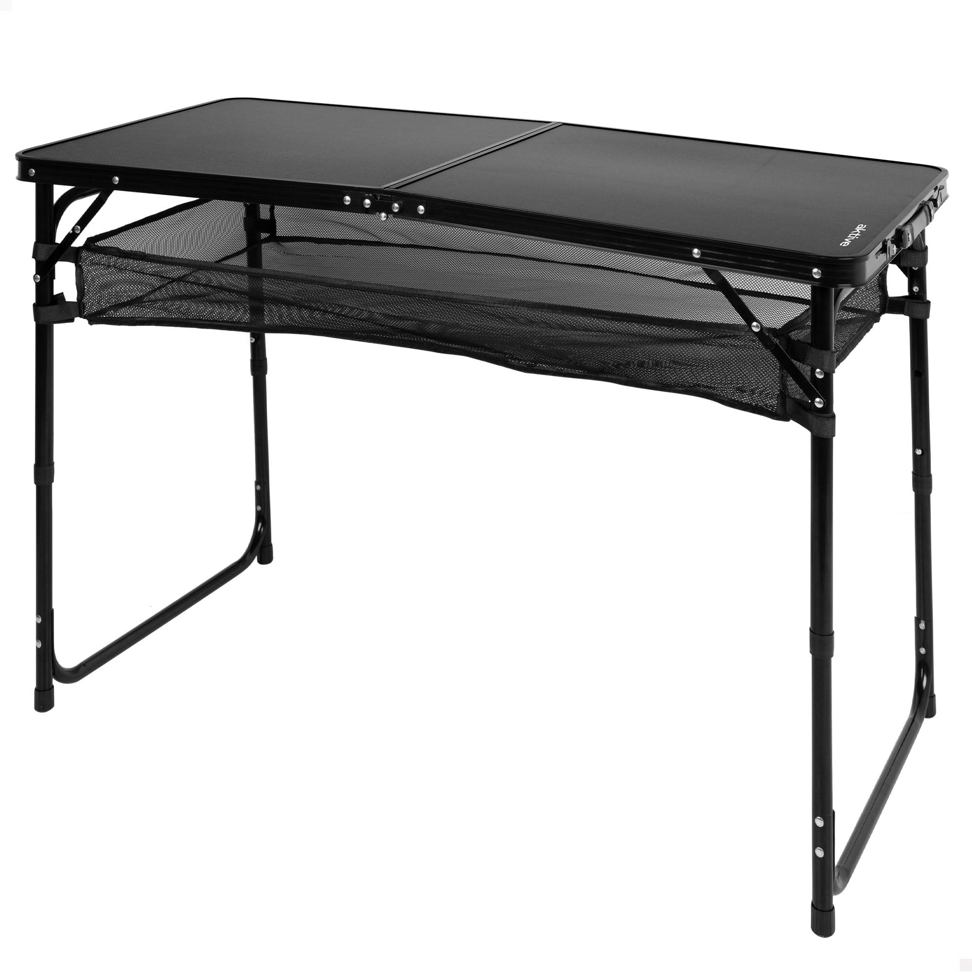 AKTIVE Folding Table, Black, 120 x 60 x 60/70 cm, Height Adjustable, Non-Slip Stops, Supports 30 kg, Carry Handle, Includes Detachable Auxiliary Net, Beach, Garden (63089)