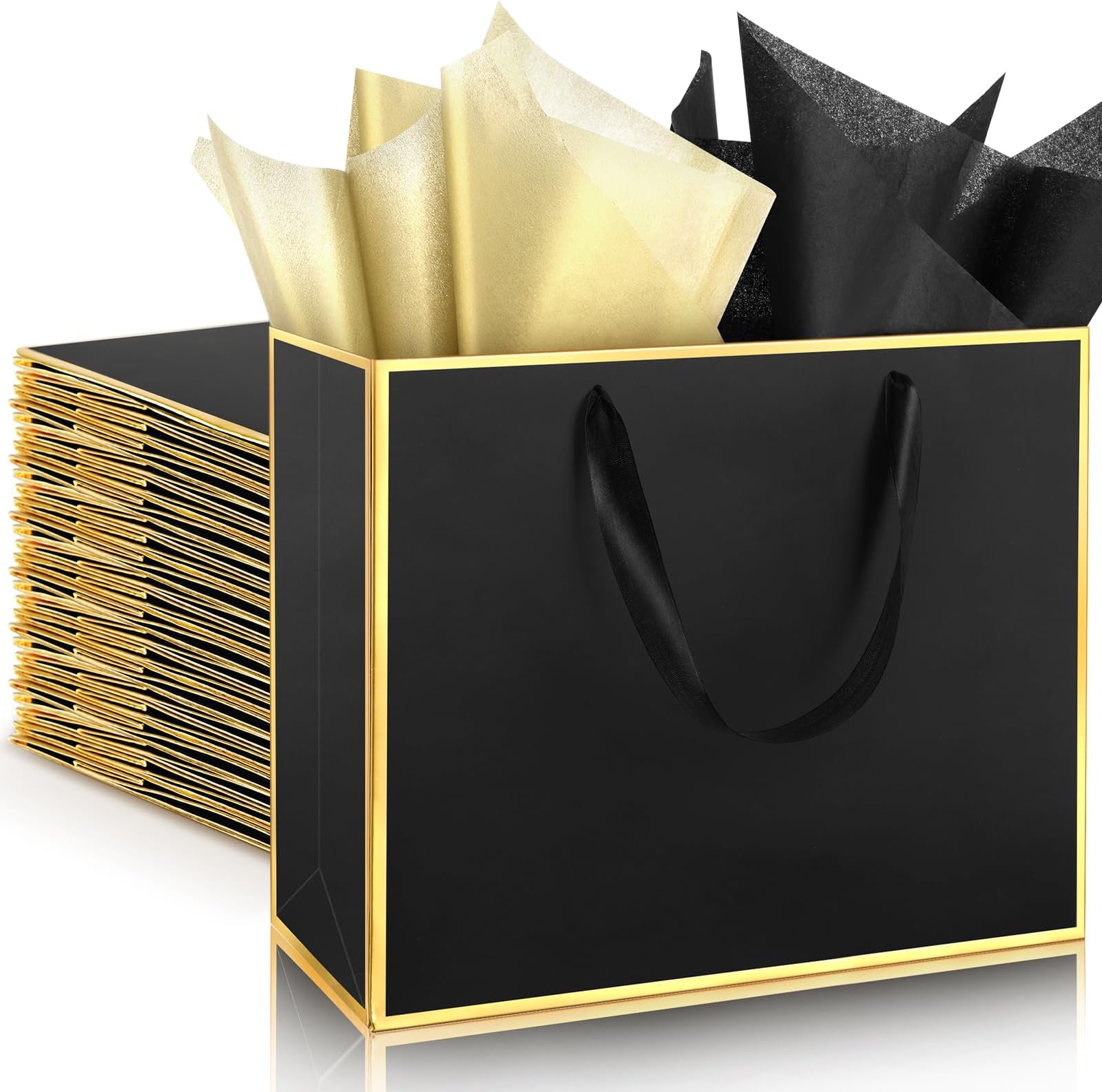 ReliThick 12 Pack Metallic Paper Gift Bag with Handles and Tissue Paper 11.8 x 10 x 4'' Thank You Favor Bag for Graduation Mother's Day Wedding Bridesmaid Groomsman 5 Senses Gifts (Black,Gold)