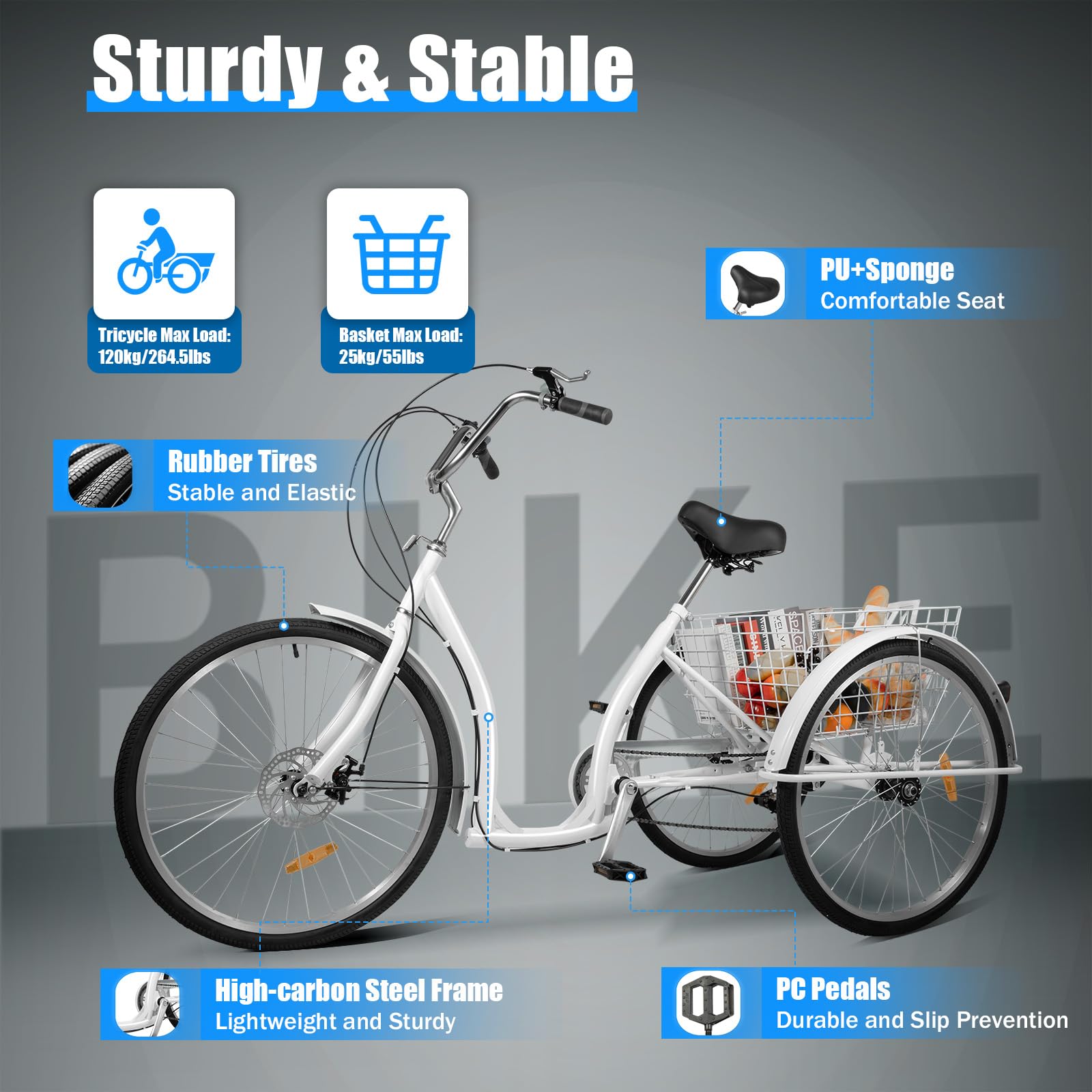 Triciclo adulto de 26 pulgadas, 6 velocidades, soporta 264,55 lbs ajustable para personas mayores, bicicleta de crucero, bicicleta de compras, adecuada para personas mayores para conducir