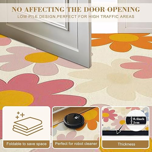 Miniatura 6 de Alfombras bohemias de 6 x 9 pulgadas, estilo floral, estilo años 70, diseño de margaritas, retro, floral, ingenuo, lavable, alfombra de pelo bajo,