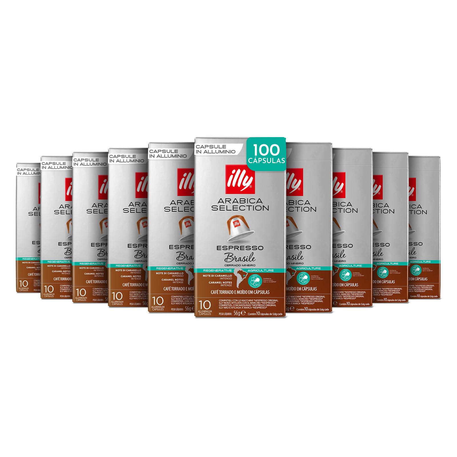 illy, Café en Cápsulas Compatibles BRASIL CERRADO MINEIRO, 100 Cápsulas | En Aluminio, 100% Arabica con Notas de Caramelo y Frutos Secos, Sabor Intenso, 10 Paquetes de 10