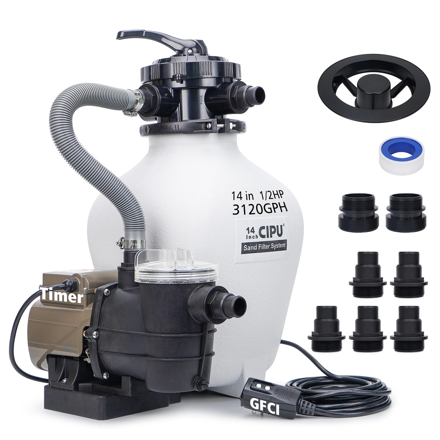 CIPU 14 inch Sand Filter Pump System Handy 6-Way Valve for Above Ground Pools with 0.5HP Prefilter Pool Pump with Timer 115V 25FT Inline GFCI Power Cord for Easy Installation