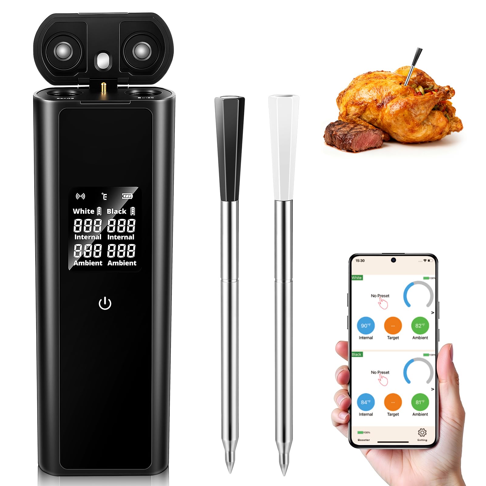 Termometro per carne senza fili Smart con Bluetooth, 2 sonde e funzione di memorizzazione, portata 150 m, impermeabile IPX8 per barbecue, affumicatore, forno, friggitrice ad aria - monitoraggio remoto