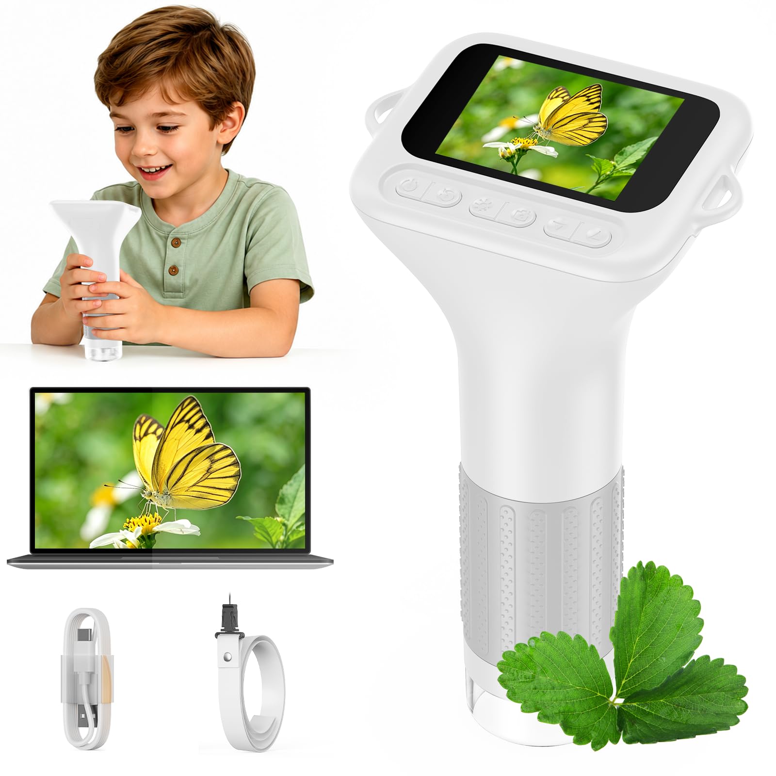 ASPOVEN Digital Microscope for Kids, 1000X Handheld Microscope with 2" IPS Screen, Photo & Video, Portable Microscope Camera for Kids, Educational Science Toy Gift for Boys & Girls (White)