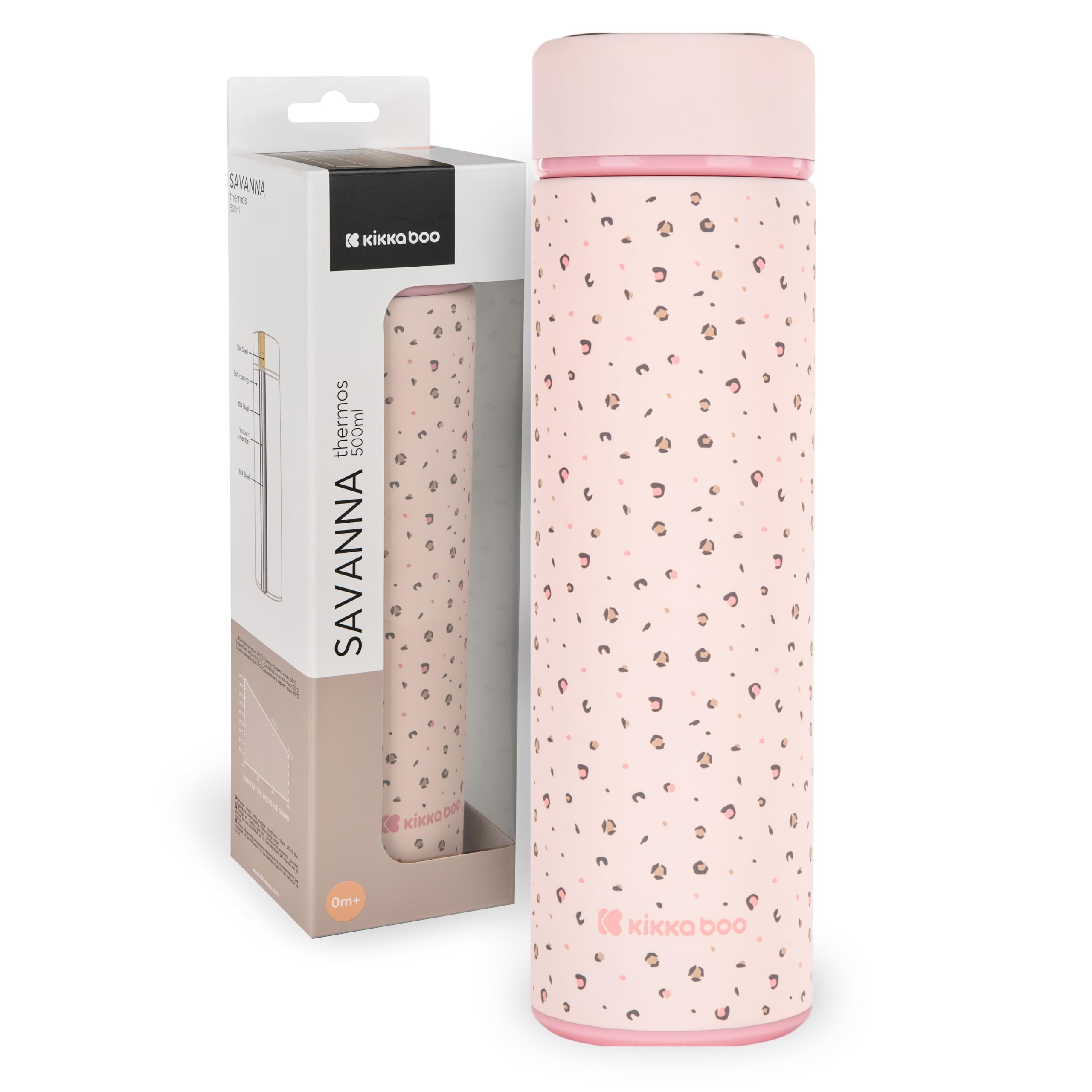 KikkaBoo Thermoskanne Baby Unterwegs SAVANNA, 500 ml Edelstahl, Lekfrei mit Teesieb, Für Heiße und Kalte Getränke, Isolierflasche für Unterwegs, Rosa